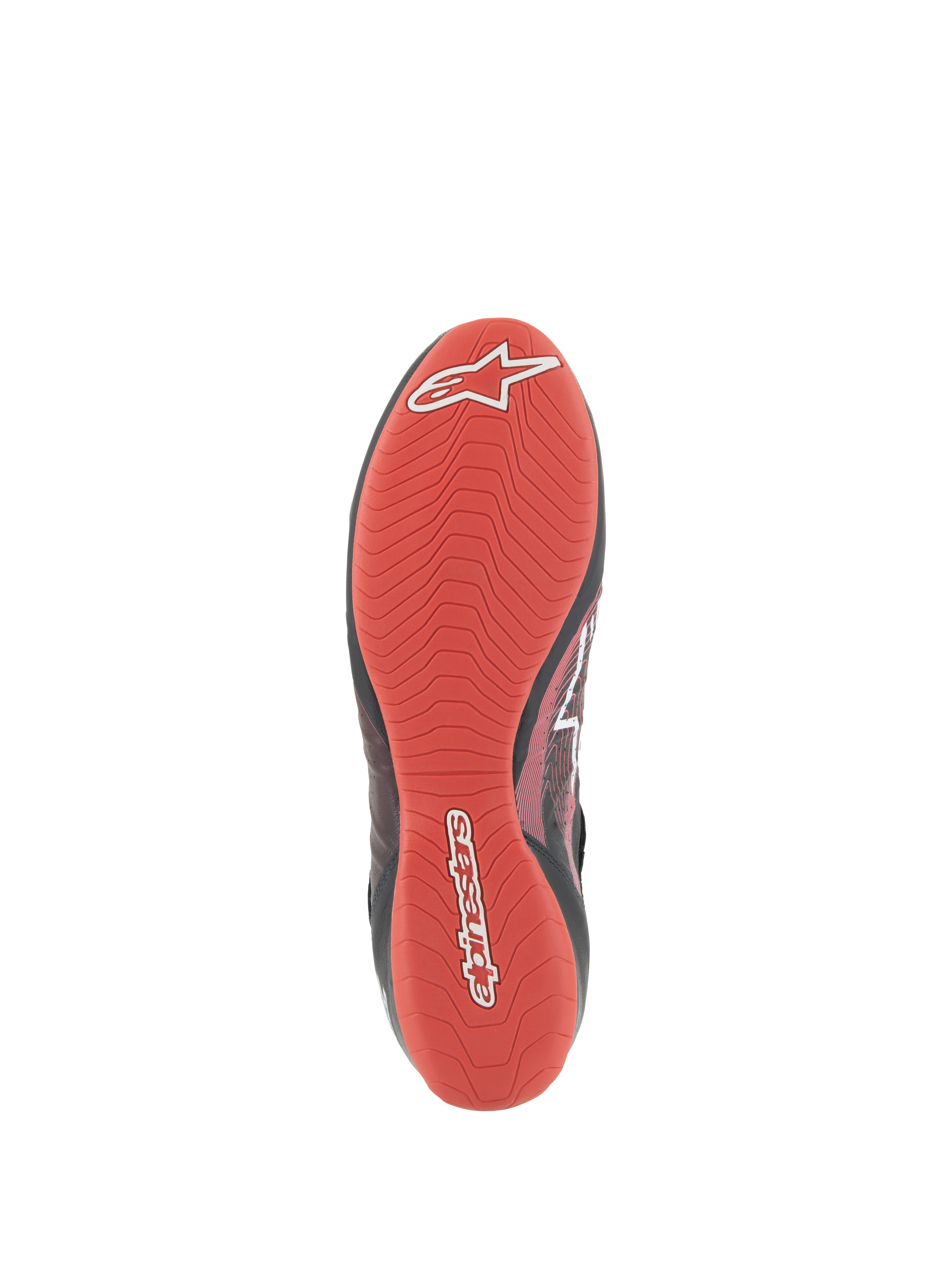 Alpinestars Tech-1 Z V3 Shoes FIA, vista inferiore della suola, gomma testurizzata rosso vivace, battistrada asimmetrico per elevata aderenza e sensibilità sui pedali, logo e scritta Alpinestars bianchi