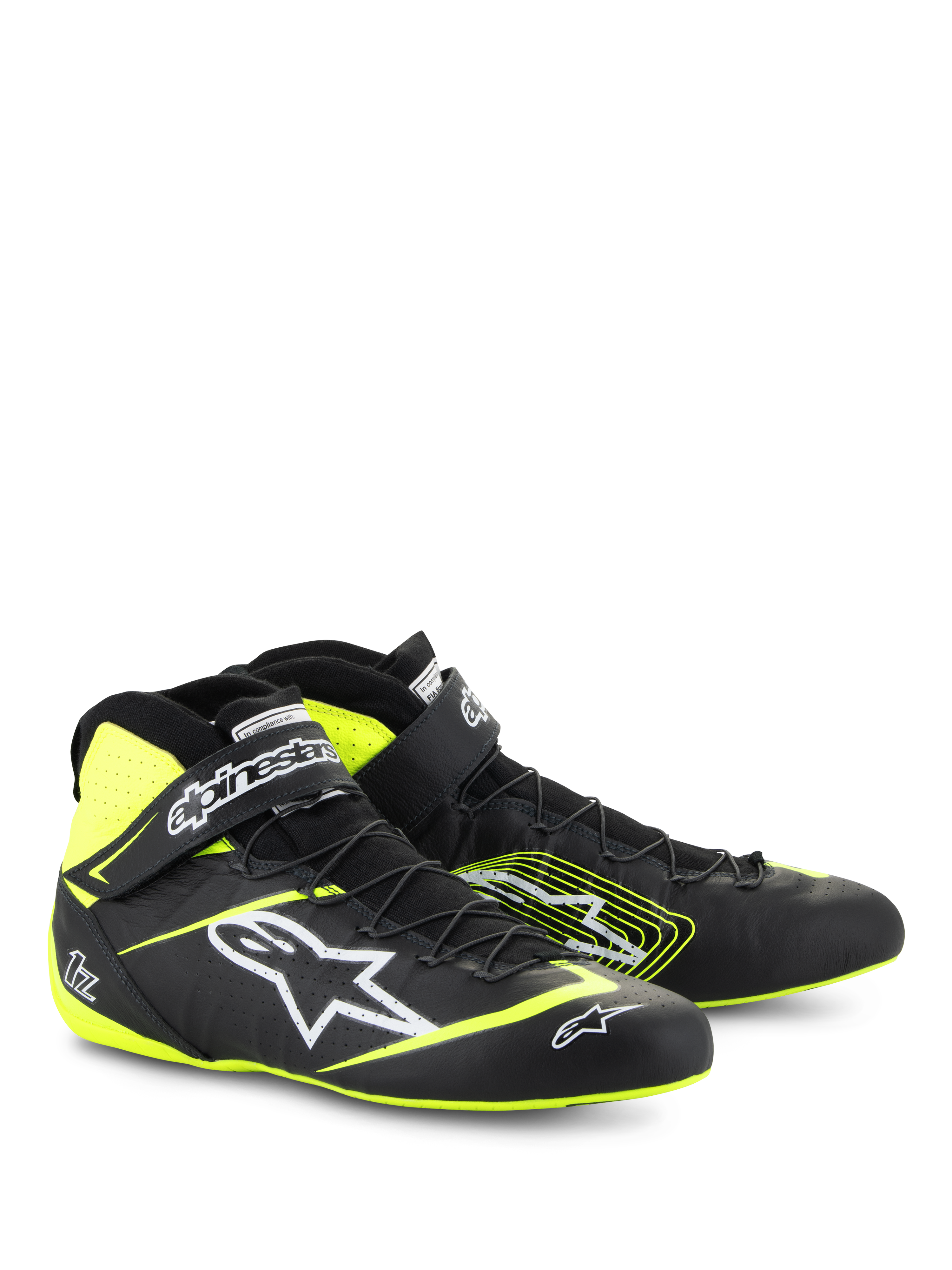 Scarpe Alpinestars Tech-1 Z V3 FIA, scarpe da auto racing, nero e giallo fluo, con logo Astars bianco, sistema di allacciatura rapida e cinturino alla caviglia, design high-top in pelle per motorsport professionale