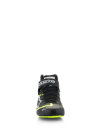 Alpinestars Scarpe Tech-1 Z V3 FIA, calzature racing, nero e giallo fluo, vista frontale, con sistema di allacciatura rapida e cinturino alla caviglia logato, accenti giallo brillante su punta e suola, struttura in pelle premium