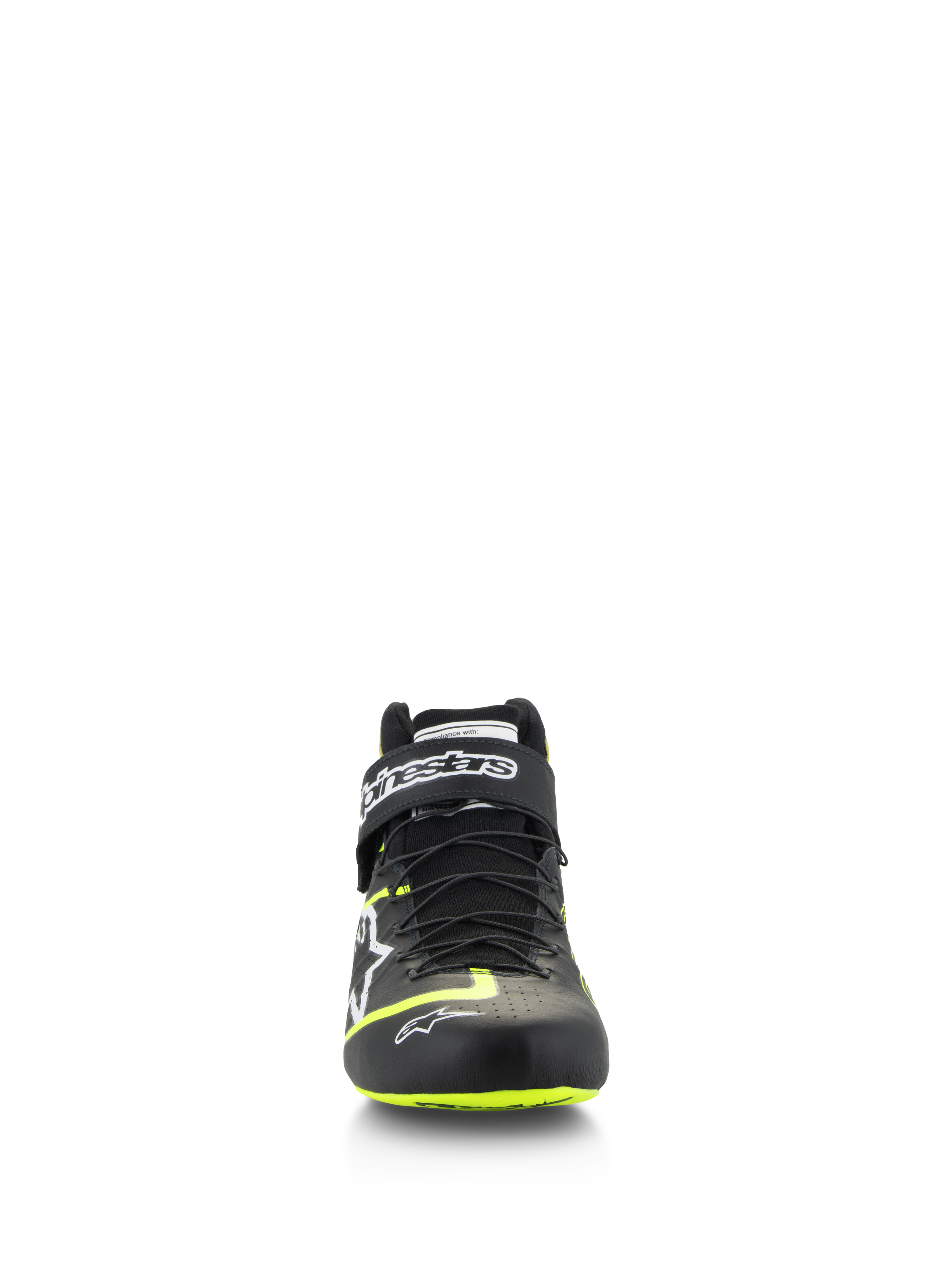 Alpinestars Scarpe Tech-1 Z V3 FIA, calzature racing, nero e giallo fluo, vista frontale, con sistema di allacciatura rapida e cinturino alla caviglia logato, accenti giallo brillante su punta e suola, struttura in pelle premium