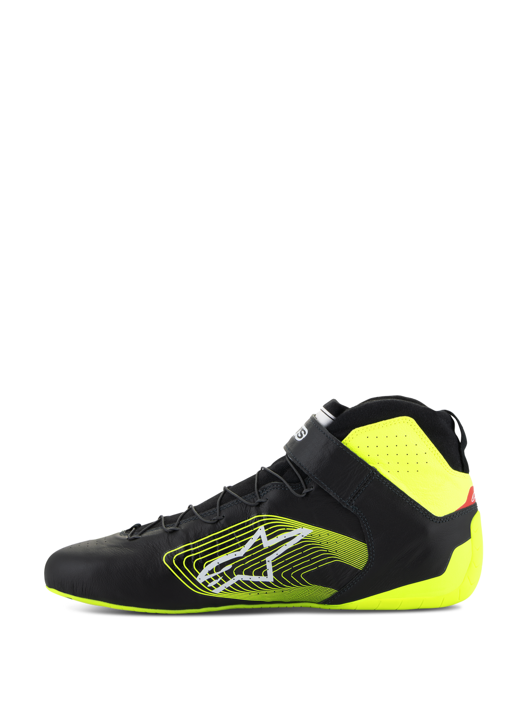 Scarpe Alpinestars Tech-1 Z V3 FIA, scarpe auto, nero e giallo fluo, vista laterale, tomaia in pelle premium con allacciatura rapida e cinturino alla caviglia, logo grafico giallo sul lato, accenti giallo fluo su tallone e colletto