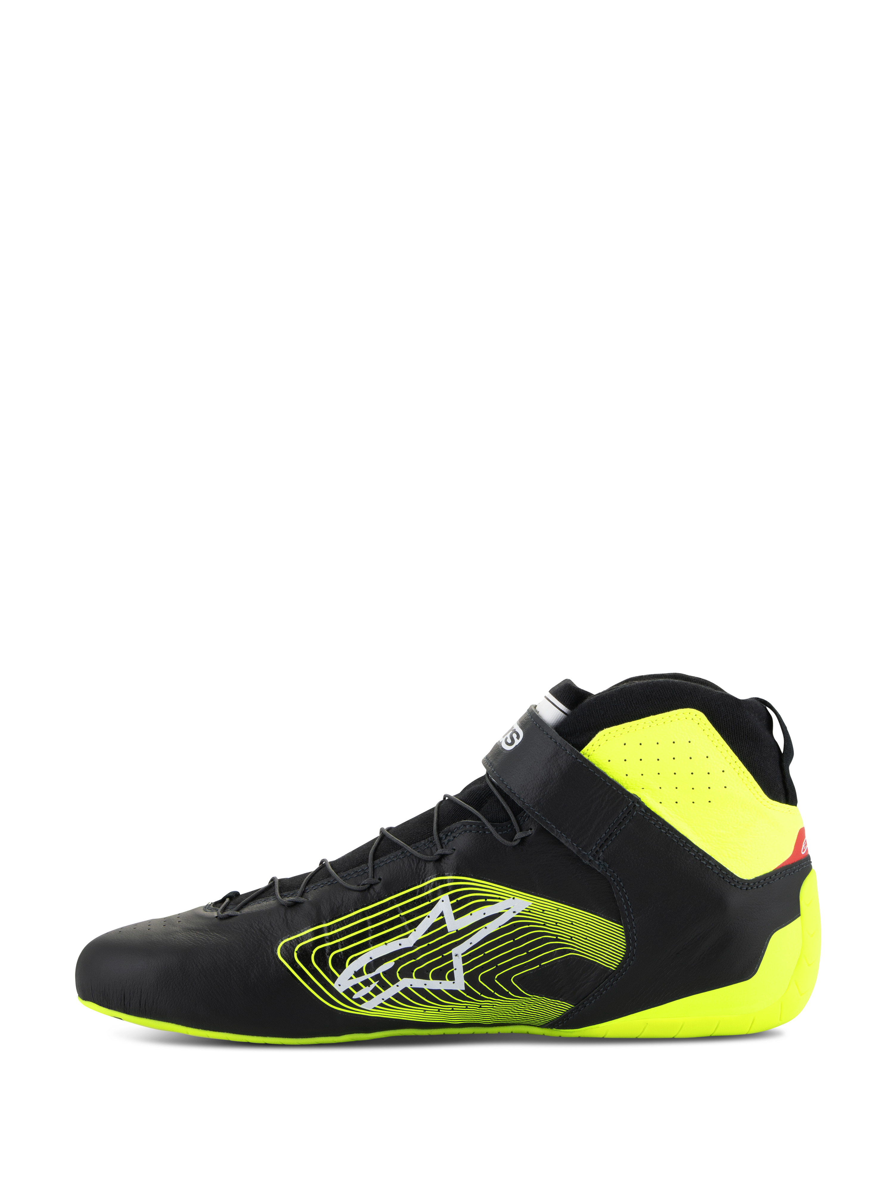 Scarpe Alpinestars Tech-1 Z V3 FIA, scarpe auto, nero e giallo fluo, vista laterale, tomaia in pelle premium con allacciatura rapida e cinturino alla caviglia, logo grafico giallo sul lato, accenti giallo fluo su tallone e colletto