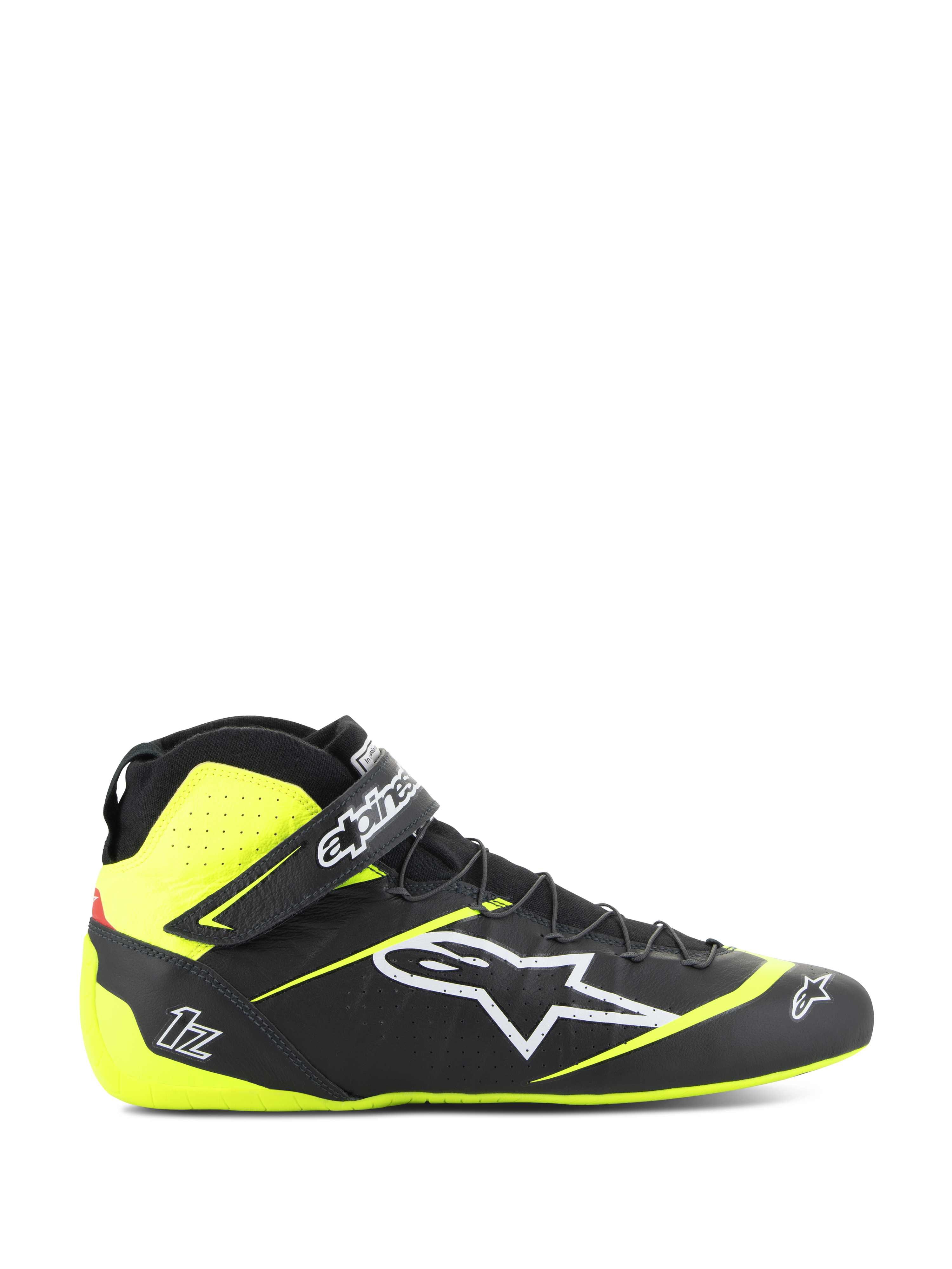 Alpinestars Tech-1 Z V3 Shoes FIA, scarpe da corsa, nero e giallo fluo, profilo laterale di calzatura motorsport alta, logo a stella bianco, design traforato per la traspirabilità, cinturino regolabile alla caviglia, suola sottile in gomma.