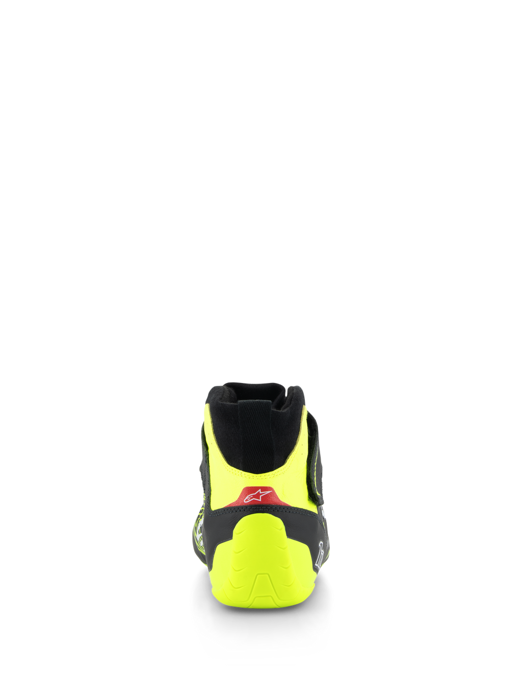 Scarpe Alpinestars Tech-1 Z V3 FIA, scarpe da corsa automobilistica, nero e giallo fluo, vista posteriore con contrafforte del tallone giallo fluorescente e dettaglio rosso con logo bianco, calzatura professionale per motorsport
