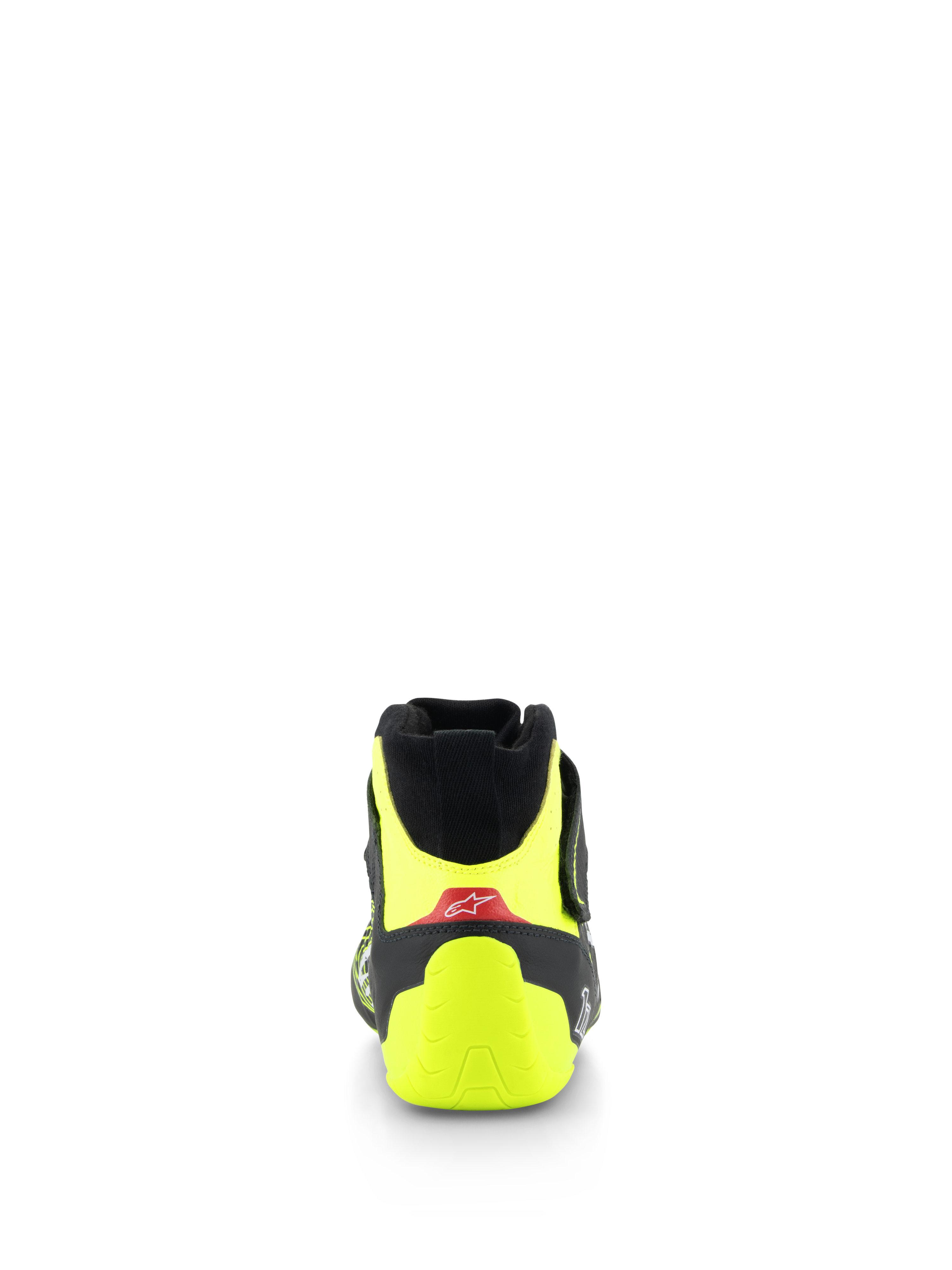 Scarpe Alpinestars Tech-1 Z V3 FIA, scarpe da corsa automobilistica, nero e giallo fluo, vista posteriore con contrafforte del tallone giallo fluorescente e dettaglio rosso con logo bianco, calzatura professionale per motorsport