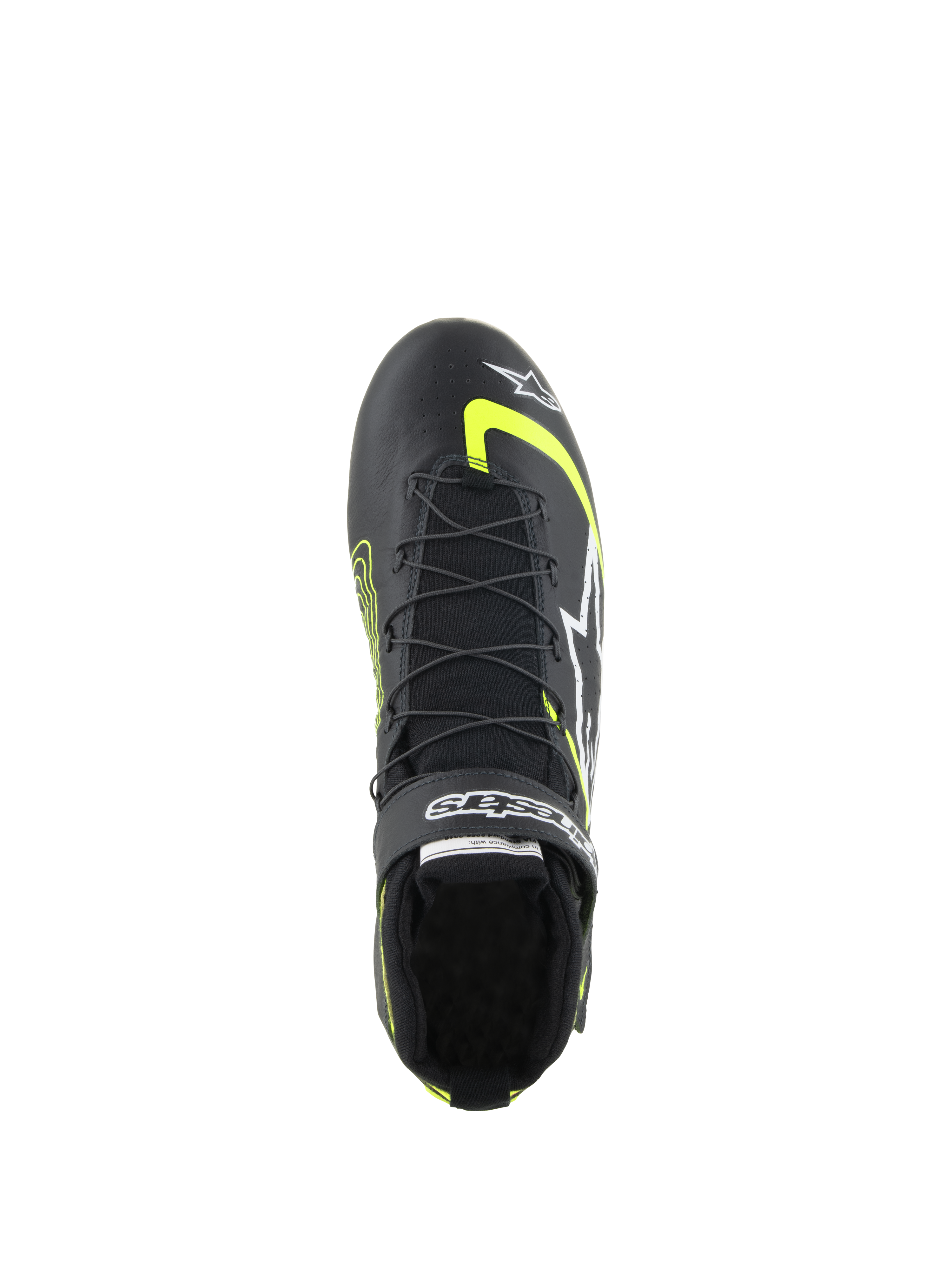 Alpinestars Tech-1 Z V3 Shoes FIA, scarpe da corsa automobilistica, nero e giallo fluo, vista dall'alto che mostra il sistema di allacciatura rapida a doppia chiusura, cinturino in Velcro con marchio e struttura in pelle premium per il motorsport professionale.