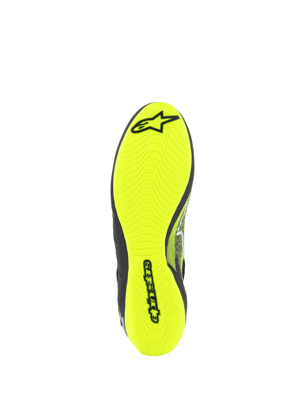 Alpinestars Tech-1 Z V3 Shoes FIA, scarpe da auto racing, vista della suola in giallo fluo, con disegno del battistrada asimmetrico e marchio Alpinestars nero, sottile suola in gomma per la massima sensibilità sui pedali e grip
