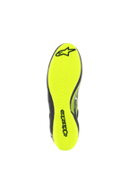 Alpinestars Tech-1 Z V3 Shoes FIA, scarpe da auto racing, vista della suola in giallo fluo, con disegno del battistrada asimmetrico e marchio Alpinestars nero, sottile suola in gomma per la massima sensibilità sui pedali e grip