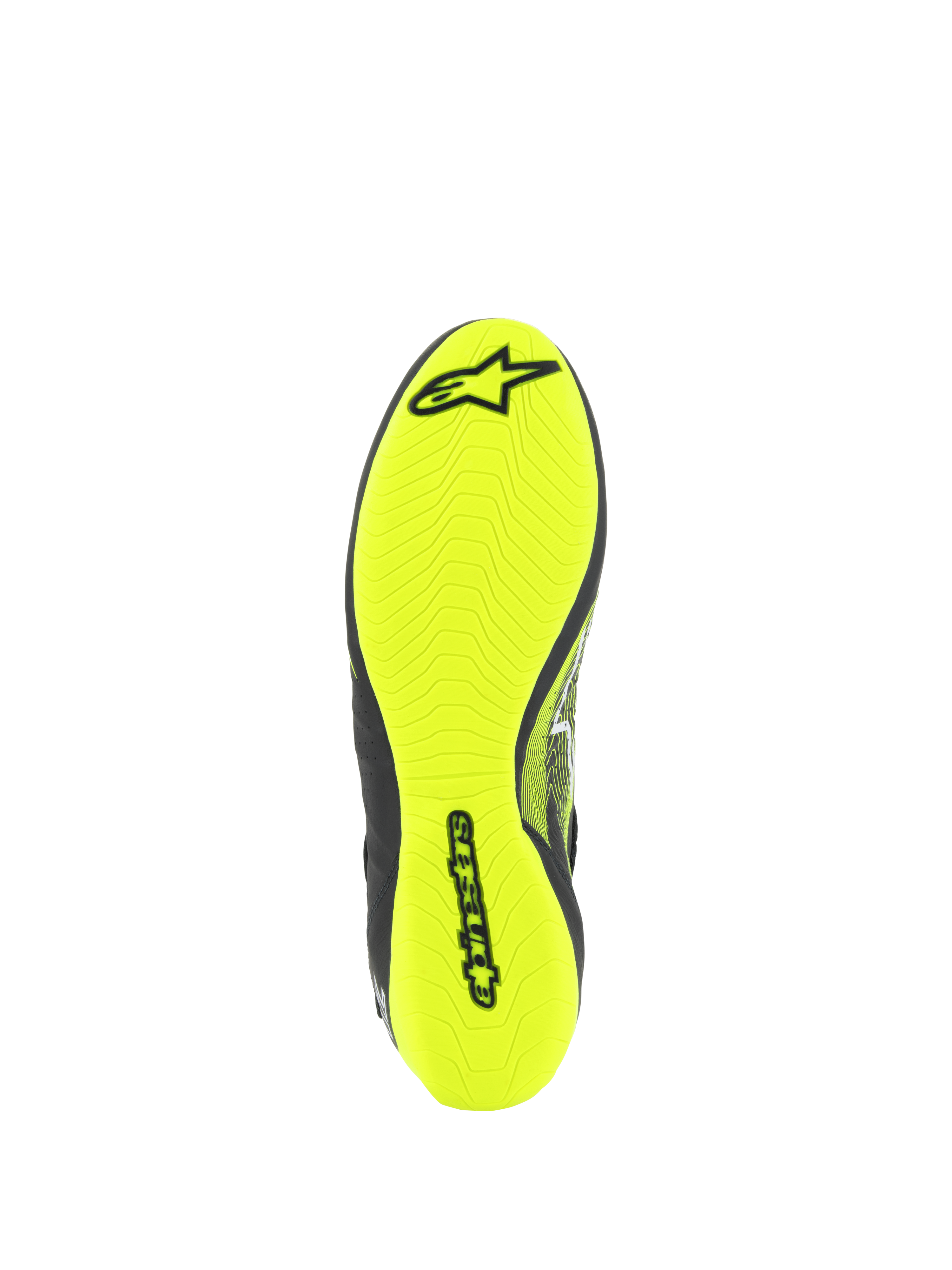 Alpinestars Tech-1 Z V3 Shoes FIA, scarpe da auto racing, vista della suola in giallo fluo, con disegno del battistrada asimmetrico e marchio Alpinestars nero, sottile suola in gomma per la massima sensibilità sui pedali e grip