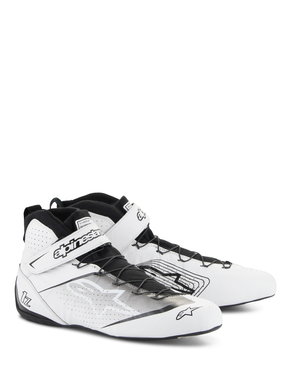 Alpinestars Tech-1 Z V3 Shoes FIA, scarpe da corsa automobilistica, bianco e nero, caratterizzate da pelle bovina premium con pannelli traforati, sistema di allacciatura rapida con cinturino in velcro sicuro, design professionale ed elegante per il motorsport