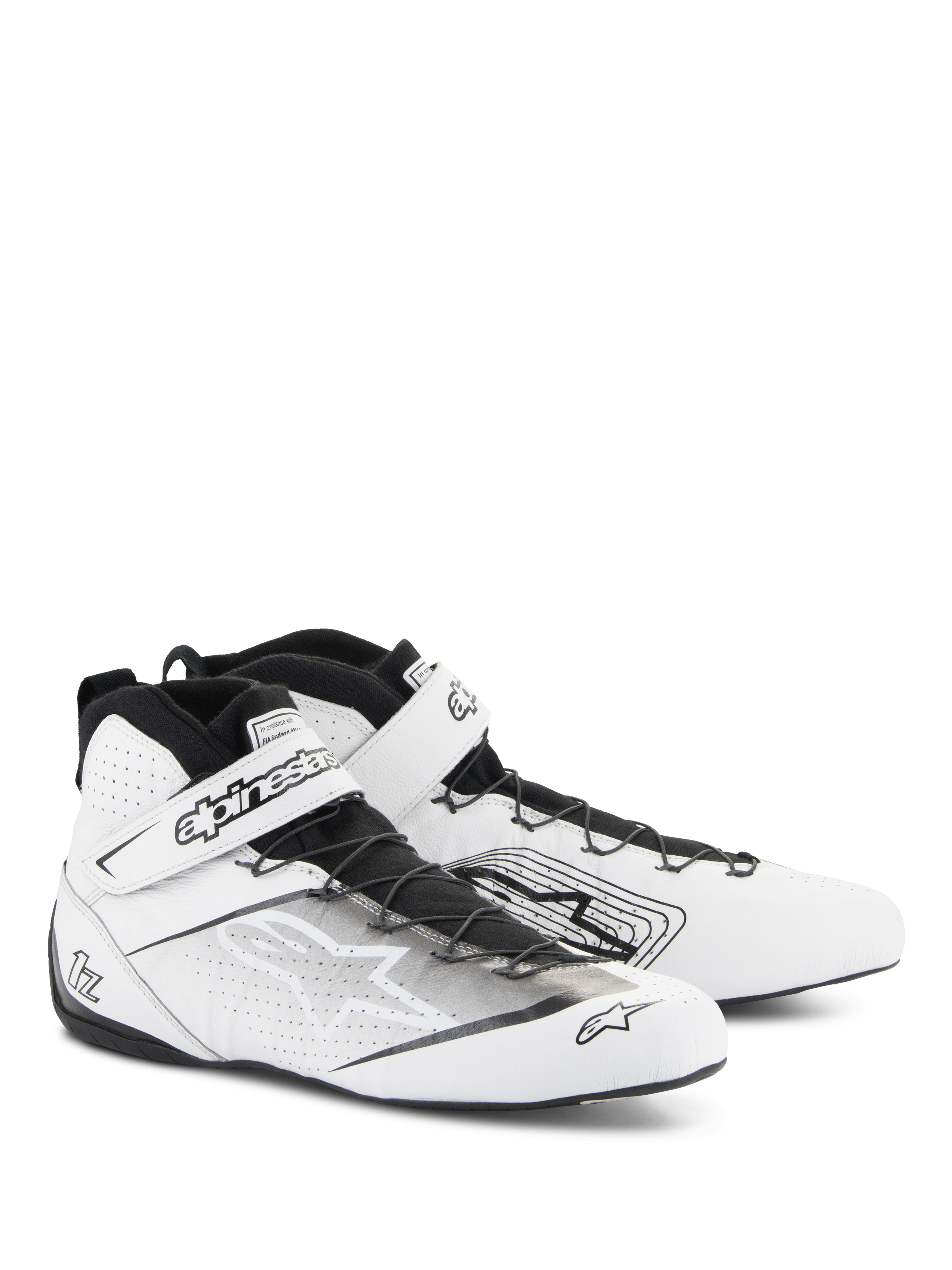 Alpinestars Tech-1 Z V3 Shoes FIA, scarpe da corsa automobilistica, bianco e nero, caratterizzate da pelle bovina premium con pannelli traforati, sistema di allacciatura rapida con cinturino in velcro sicuro, design professionale ed elegante per il motorsport