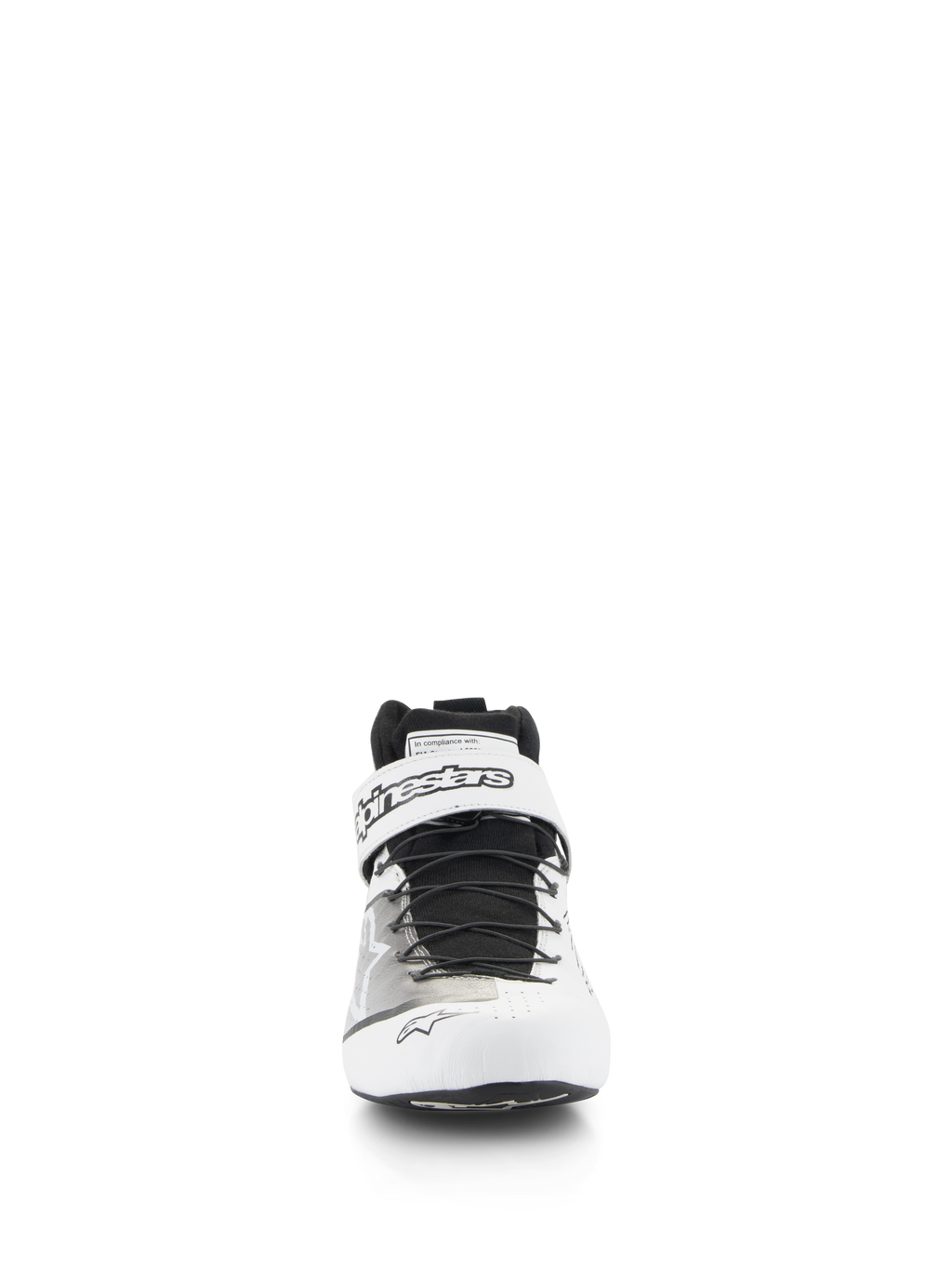 Alpinestars Tech-1 Z V3 Shoes FIA, scarpe professionali da automobilismo, bianco e nero, vista frontale con sistema di allacciatura rapida e cinturino superiore in Velcro con marchio Alpinestars, tomaia in pelle traforata per la traspirabilità