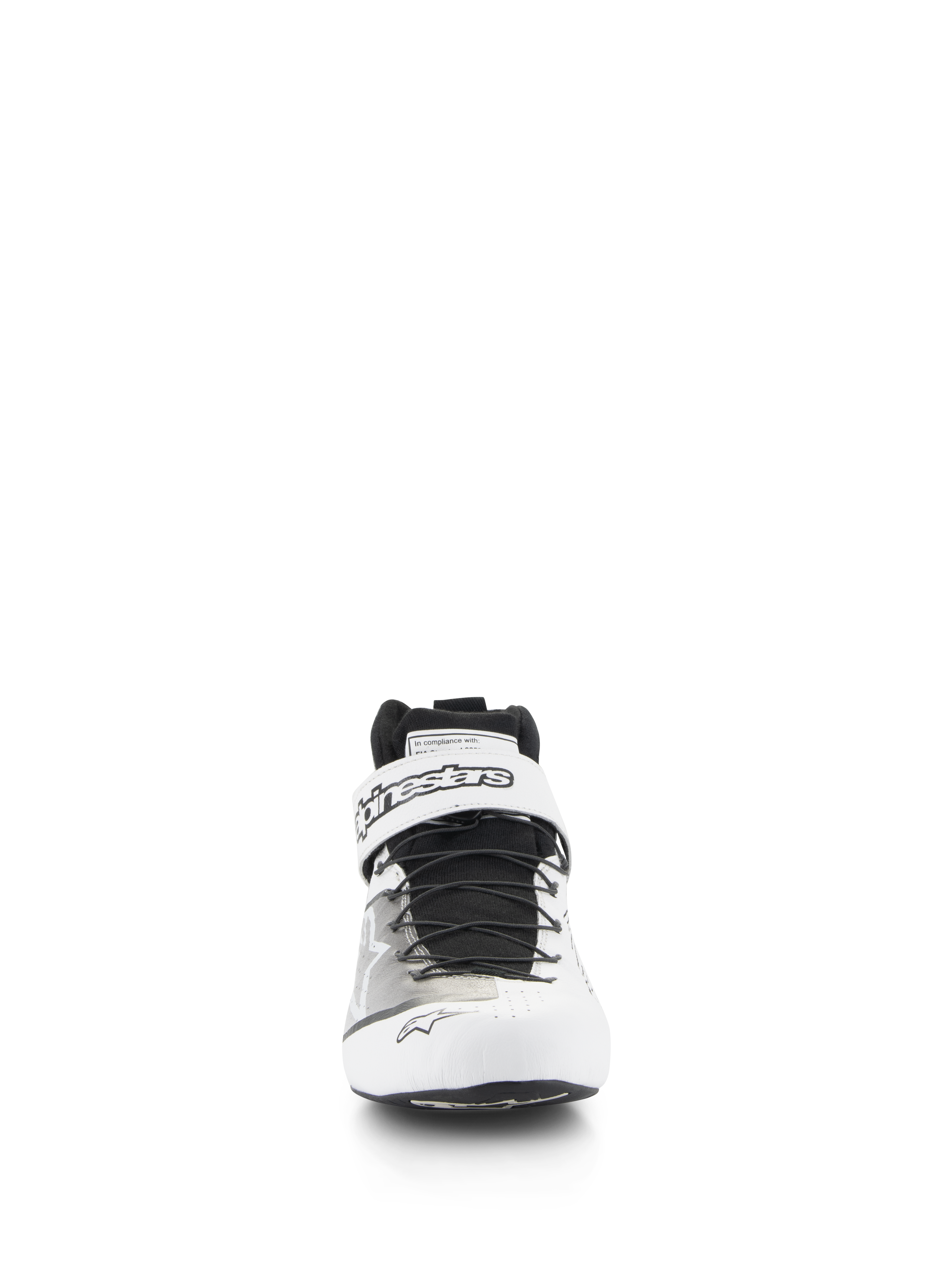 Alpinestars Tech-1 Z V3 Shoes FIA, scarpe professionali da automobilismo, bianco e nero, vista frontale con sistema di allacciatura rapida e cinturino superiore in Velcro con marchio Alpinestars, tomaia in pelle traforata per la traspirabilità