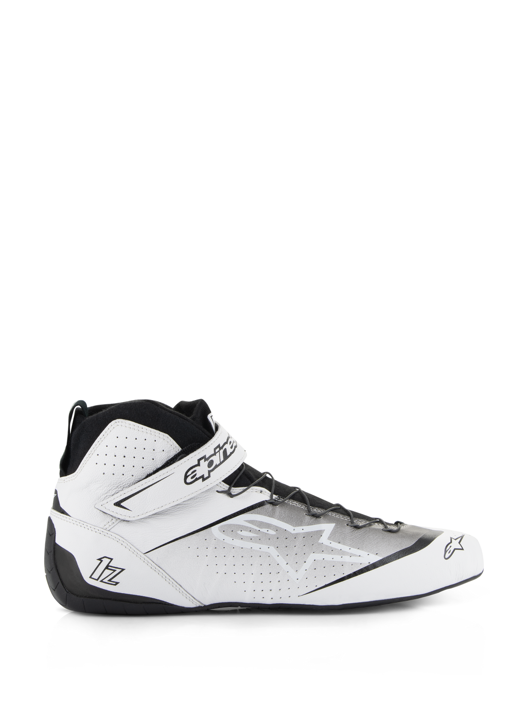 Alpinestars Tech-1 Z V3 Shoes FIA, scarpe da corsa, bianche e nere, design alto con tomaia in pelle traforata, chiusura con cinturino con marchio Alpinestars, suola in gomma sottile per sensibilità sui pedali, profilo motorsport elegante