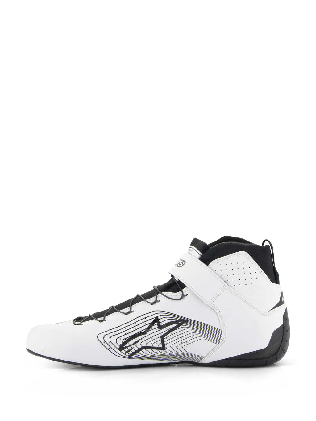 Alpinestars Tech-1 Z V3 Shoes FIA, scarpe da corsa auto, bianco e nero, profilo laterale di scarpa da corsa in pelle premium con allacciatura rapida nera, cinturino sulla caviglia bianco e logo Alpinestars con grafica lineare sul lato