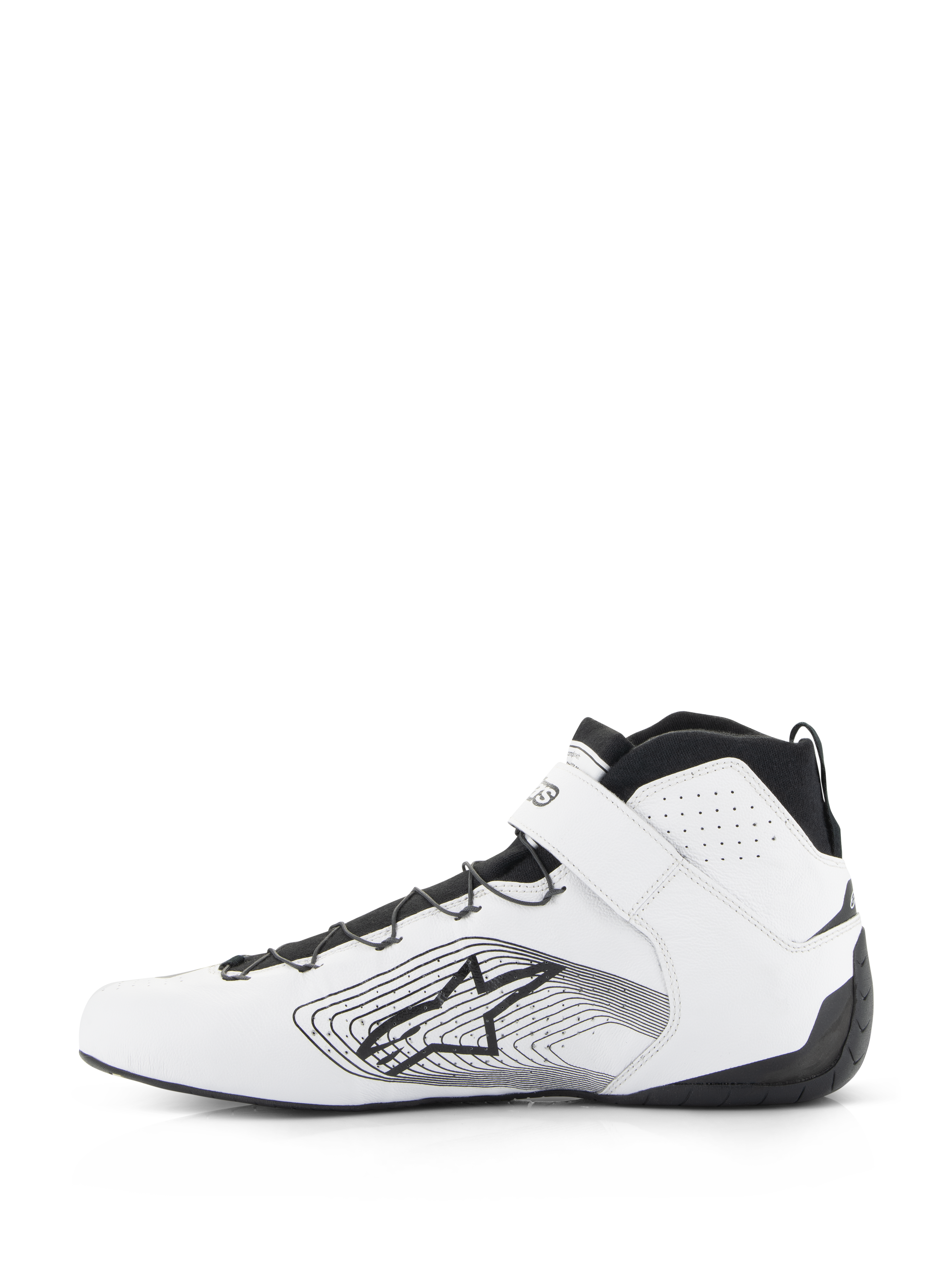 Alpinestars Tech-1 Z V3 Shoes FIA, scarpe da corsa auto, bianco e nero, profilo laterale di scarpa da corsa in pelle premium con allacciatura rapida nera, cinturino sulla caviglia bianco e logo Alpinestars con grafica lineare sul lato