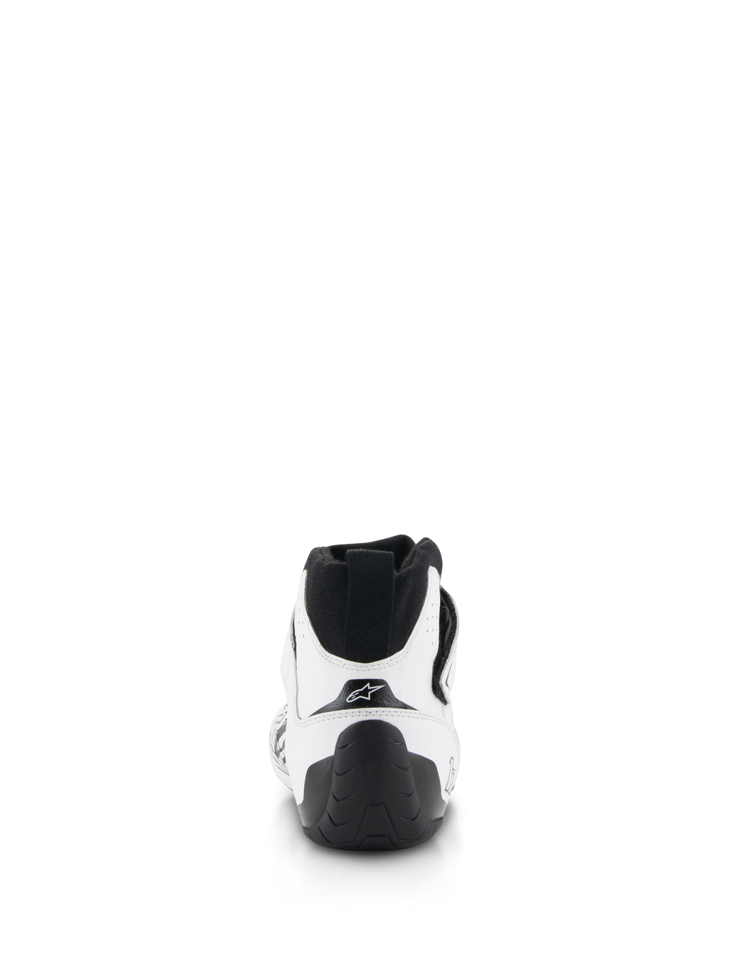 Scarpe Alpinestars Tech-1 Z V3 FIA, scarpe da auto racing, bianco e nero, vista posteriore con linguetta posteriore nera, suola in gomma testurizzata e tomaia in pelle bovina bianca con logo a stella Alpinestars