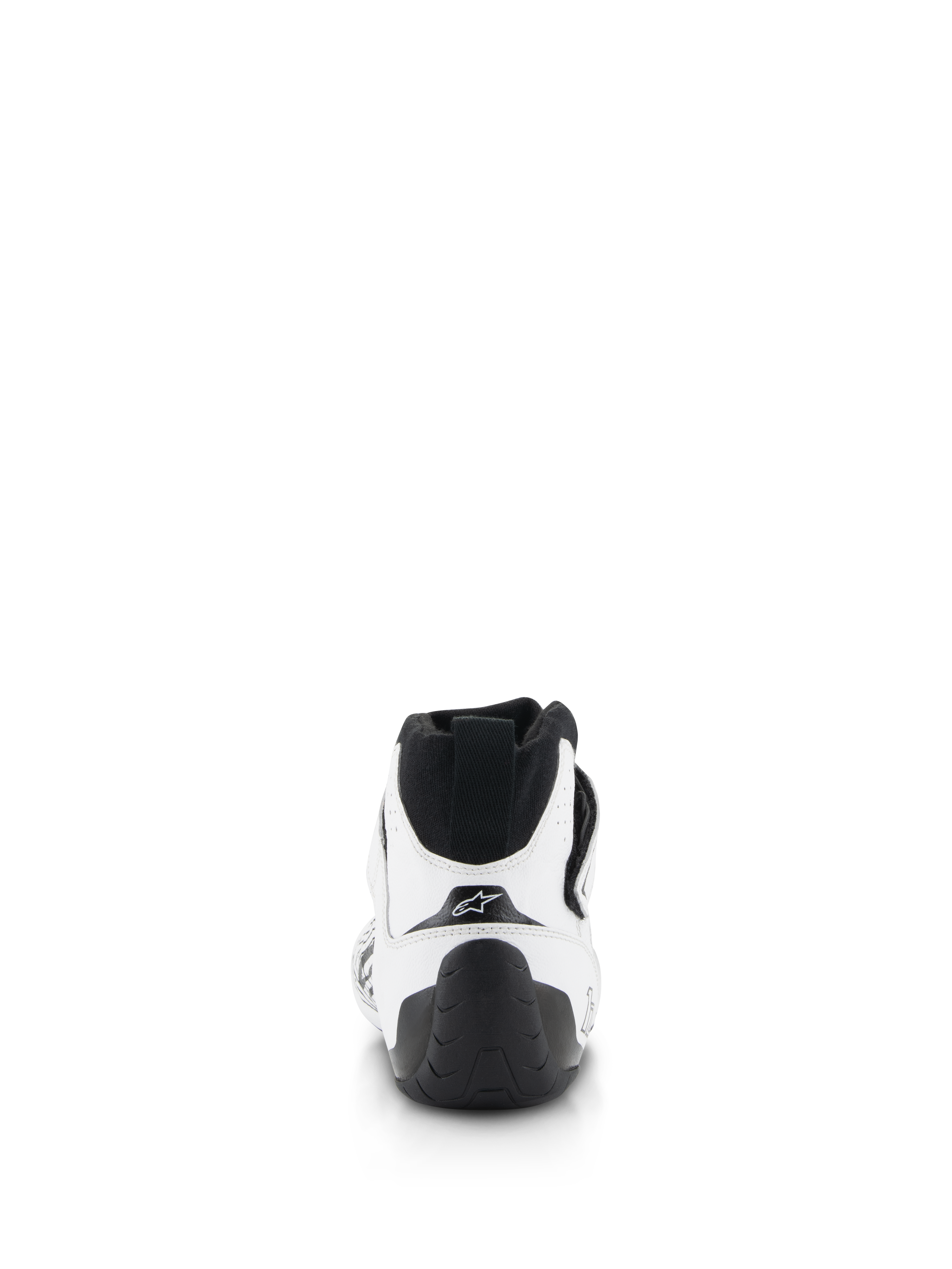Scarpe Alpinestars Tech-1 Z V3 FIA, scarpe da auto racing, bianco e nero, vista posteriore con linguetta posteriore nera, suola in gomma testurizzata e tomaia in pelle bovina bianca con logo a stella Alpinestars