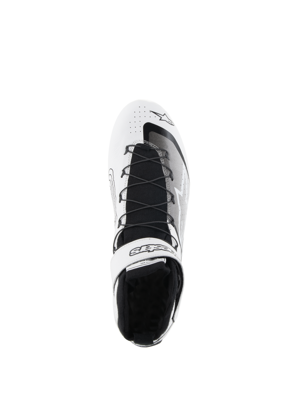 Alpinestars Tech-1 Z V3 Shoes FIA, scarpe per corse automobilistiche, bianco e nero, vista dall'alto che mostra il sistema di allacciatura rapida, cinturino alla caviglia in velcro logato, linguetta in maglia nera e tomaia in pelle traforata per prestazioni di guida automobilistica