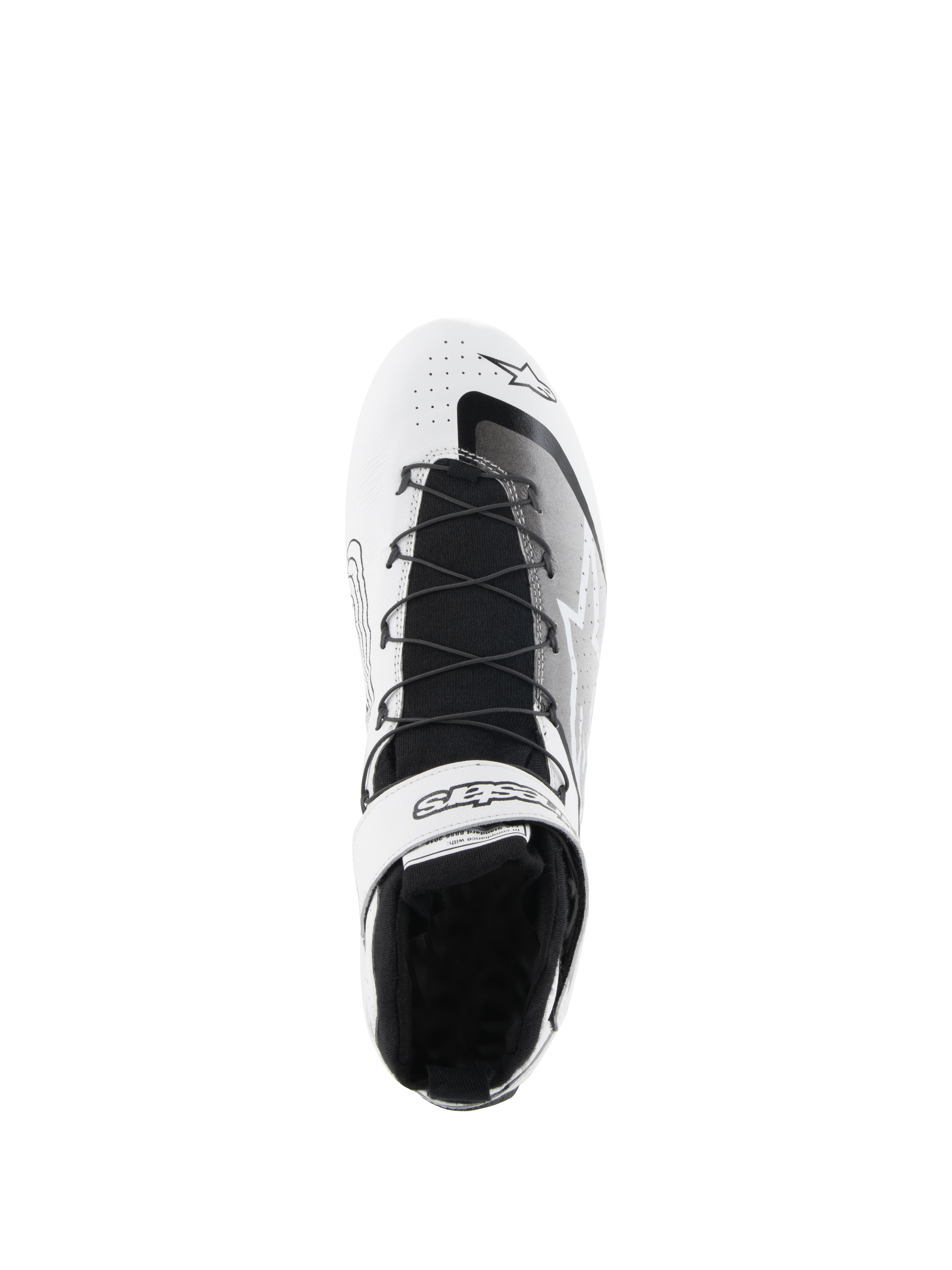 Alpinestars Tech-1 Z V3 Shoes FIA, scarpe per corse automobilistiche, bianco e nero, vista dall'alto che mostra il sistema di allacciatura rapida, cinturino alla caviglia in velcro logato, linguetta in maglia nera e tomaia in pelle traforata per prestazioni di guida automobilistica
