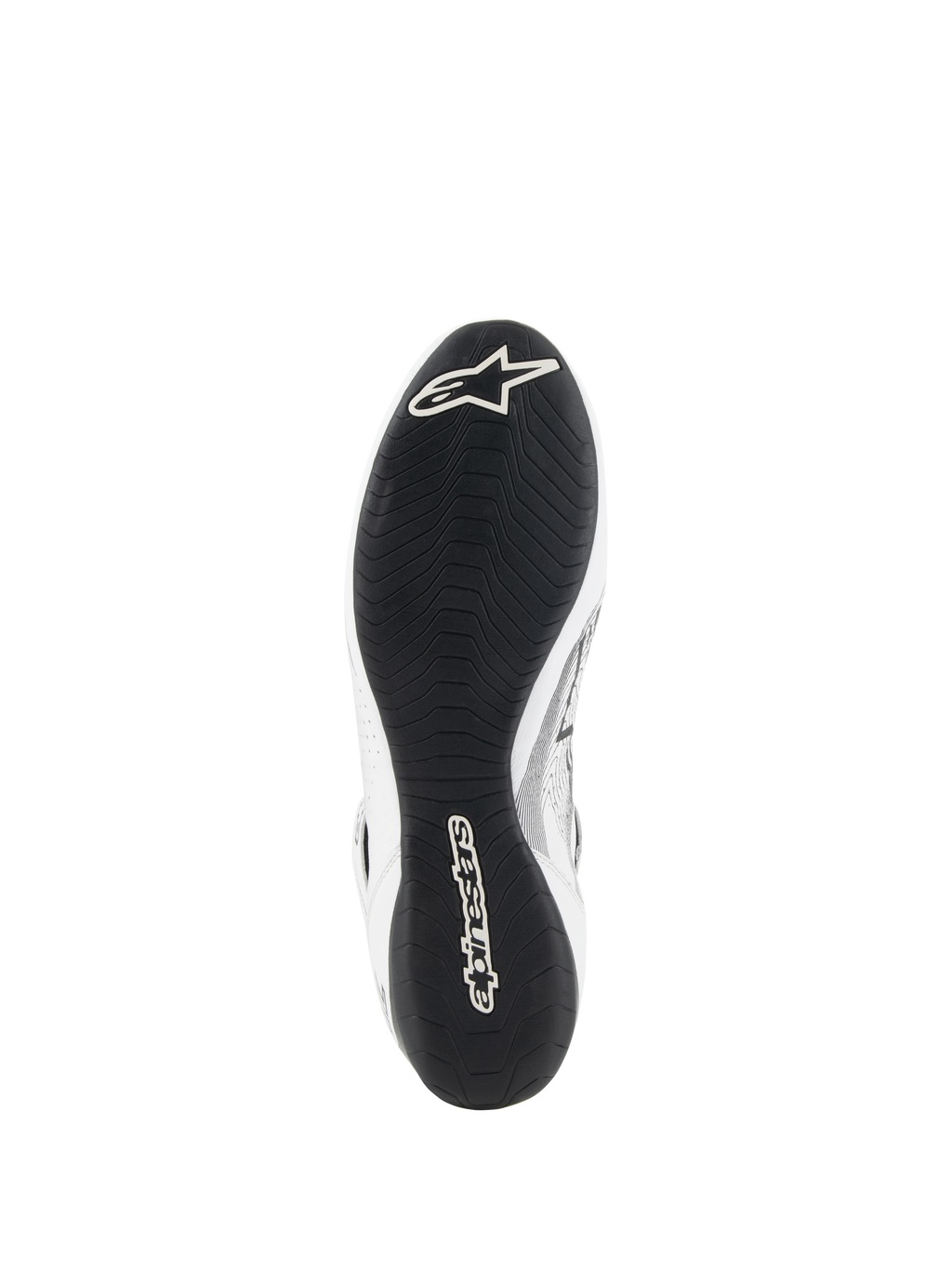 Alpinestars Tech-1 Z V3 Shoes FIA, scarpe da auto, bianco e nero, vista dal basso che mostra la sottile suola in gomma derivata dalla F1 con battistrada asimmetrico, logo Alpinestars bianco sulla punta e branding sul tallone