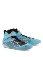 Scarpe Alpinestars Tech-1 Z V3 FIA, scarpe da corsa automobilistica, verde acqua chiaro bianco e nero, design a collo alto con cinturino in velcro sulla caviglia, branding Alpinestars in evidenza e dettagli in pelle traforata