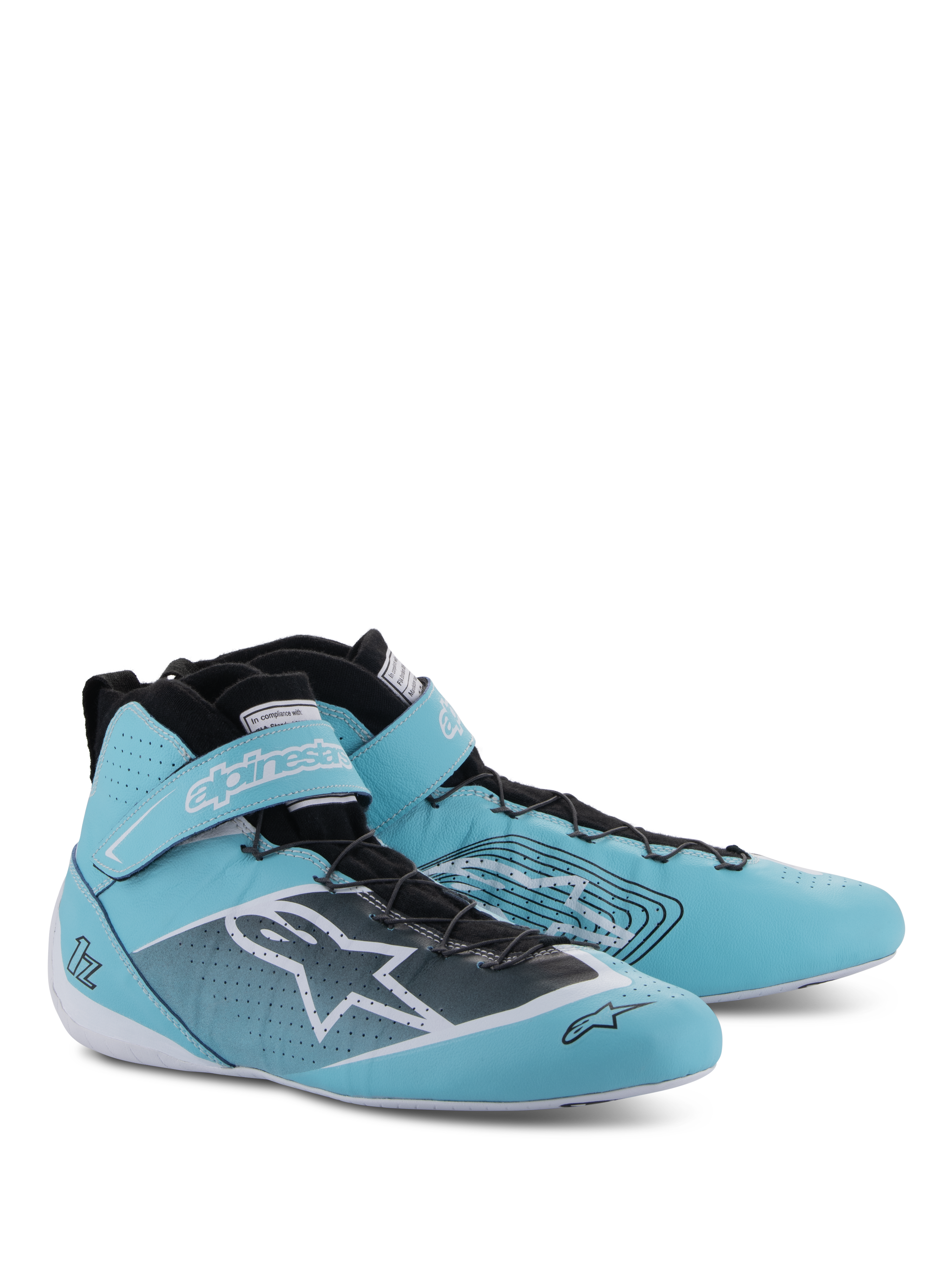Scarpe Alpinestars Tech-1 Z V3 FIA, scarpe da corsa automobilistica, verde acqua chiaro bianco e nero, design a collo alto con cinturino in velcro sulla caviglia, branding Alpinestars in evidenza e dettagli in pelle traforata