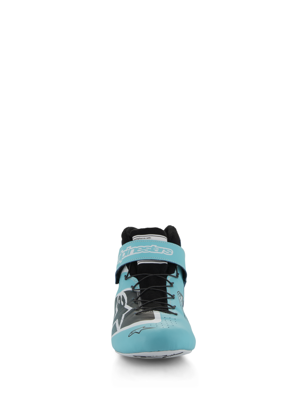 Scarpe Alpinestars Tech-1 Z V3 FIA, scarpe da auto racing, verde acqua chiaro, bianco e nero, vista frontale che mostra la tomaia in pelle premium, il sistema di allacciatura rapida e il cinturino alla caviglia in velcro con marchio