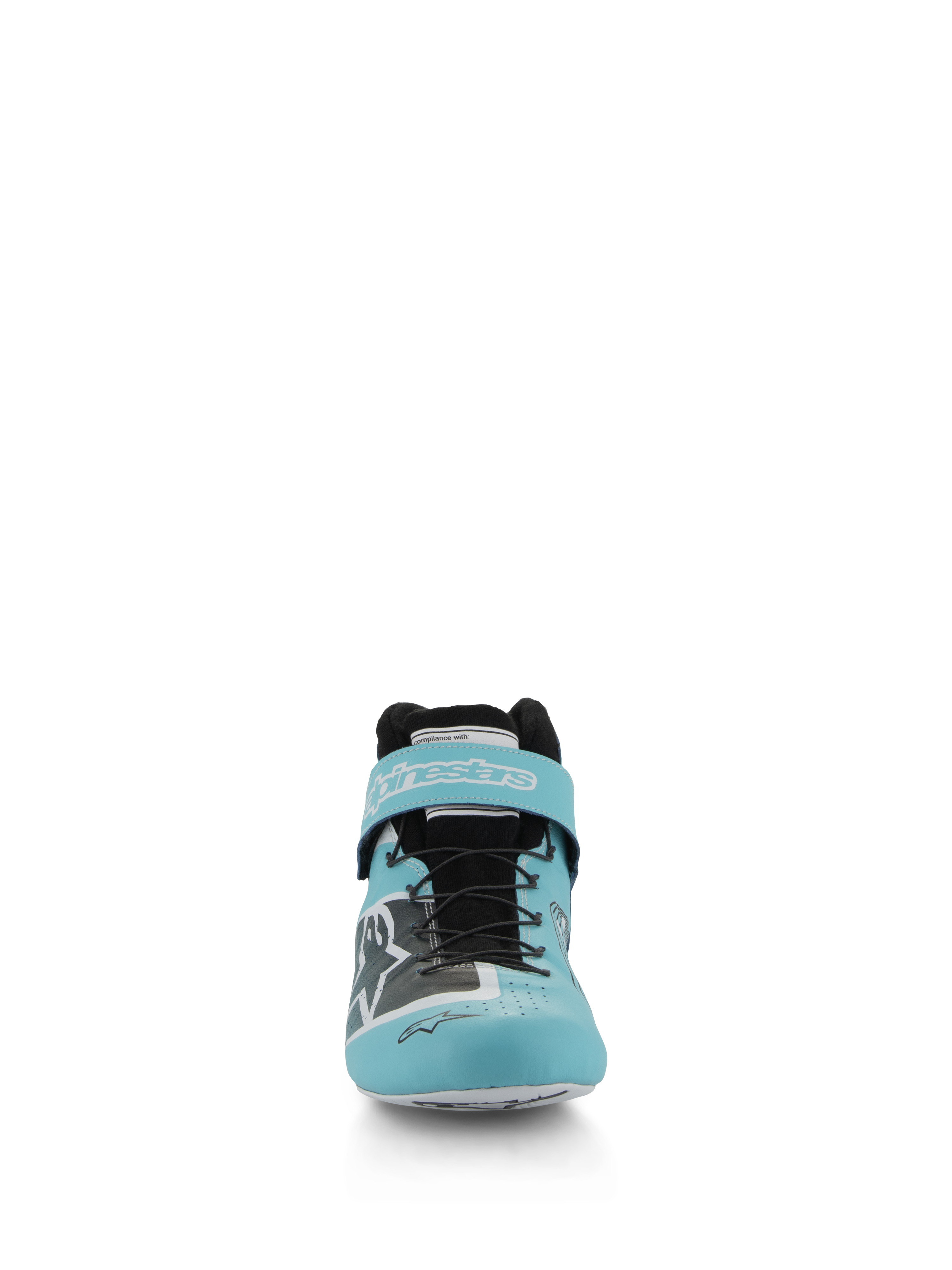 Scarpe Alpinestars Tech-1 Z V3 FIA, scarpe da auto racing, verde acqua chiaro, bianco e nero, vista frontale che mostra la tomaia in pelle premium, il sistema di allacciatura rapida e il cinturino alla caviglia in velcro con marchio