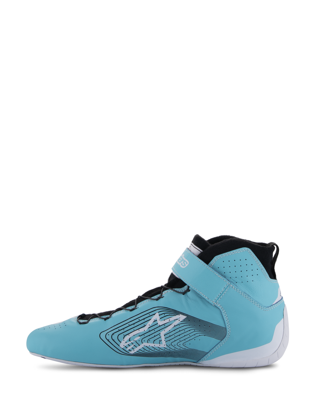 Alpinestars Tech-1 Z V3 Shoes FIA, scarpe da corsa auto, verde acqua chiaro, bianco e nero, vista laterale, pelle premium con perforazioni, grande logo a stella con linee grafiche ondulate, suola bianca e colletto nero