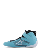 Alpinestars Tech-1 Z V3 Shoes FIA, scarpe da corsa auto, verde acqua chiaro, bianco e nero, vista laterale, pelle premium con perforazioni, grande logo a stella con linee grafiche ondulate, suola bianca e colletto nero