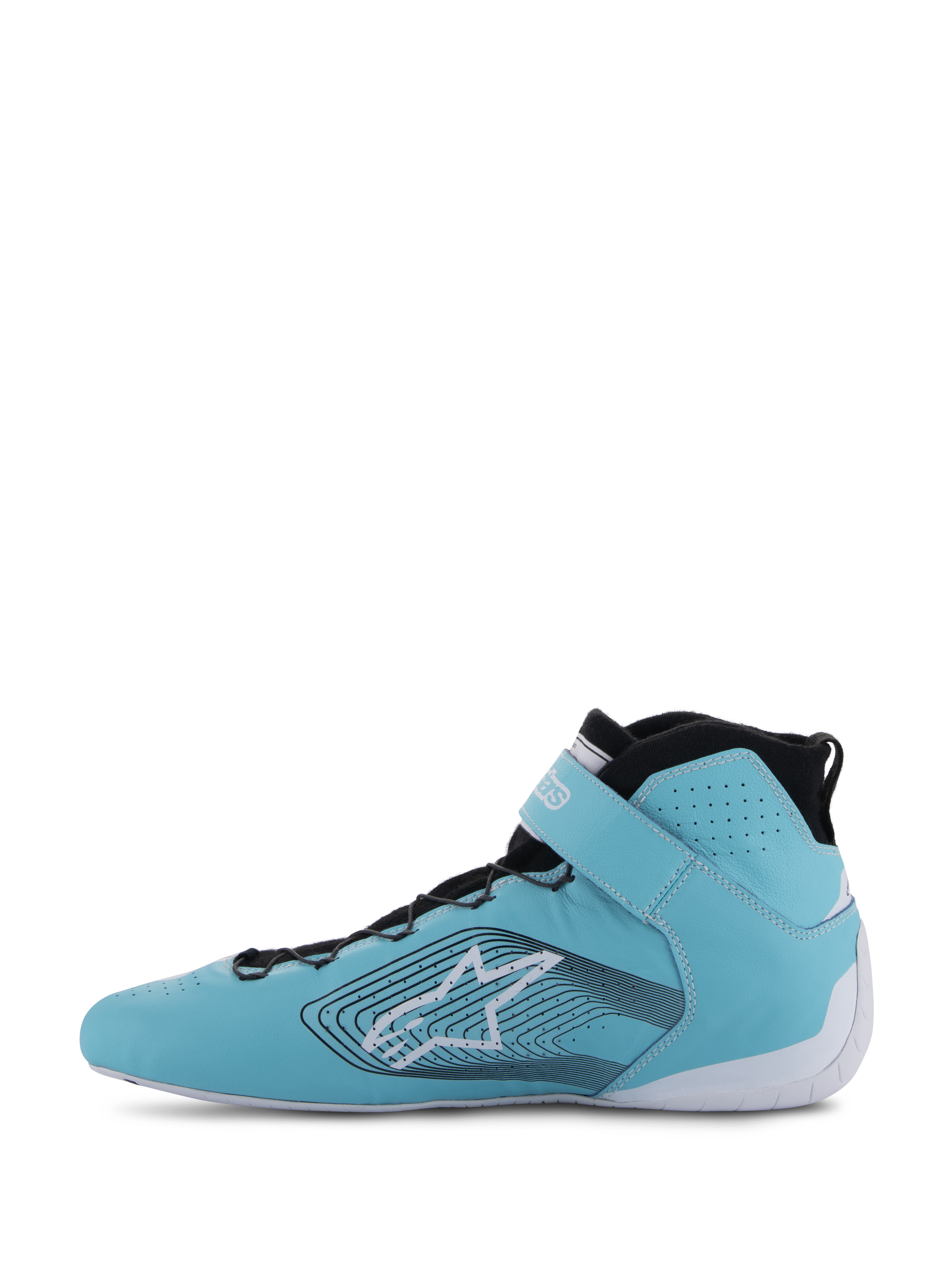 Alpinestars Tech-1 Z V3 Shoes FIA, scarpe da corsa auto, verde acqua chiaro, bianco e nero, vista laterale, pelle premium con perforazioni, grande logo a stella con linee grafiche ondulate, suola bianca e colletto nero