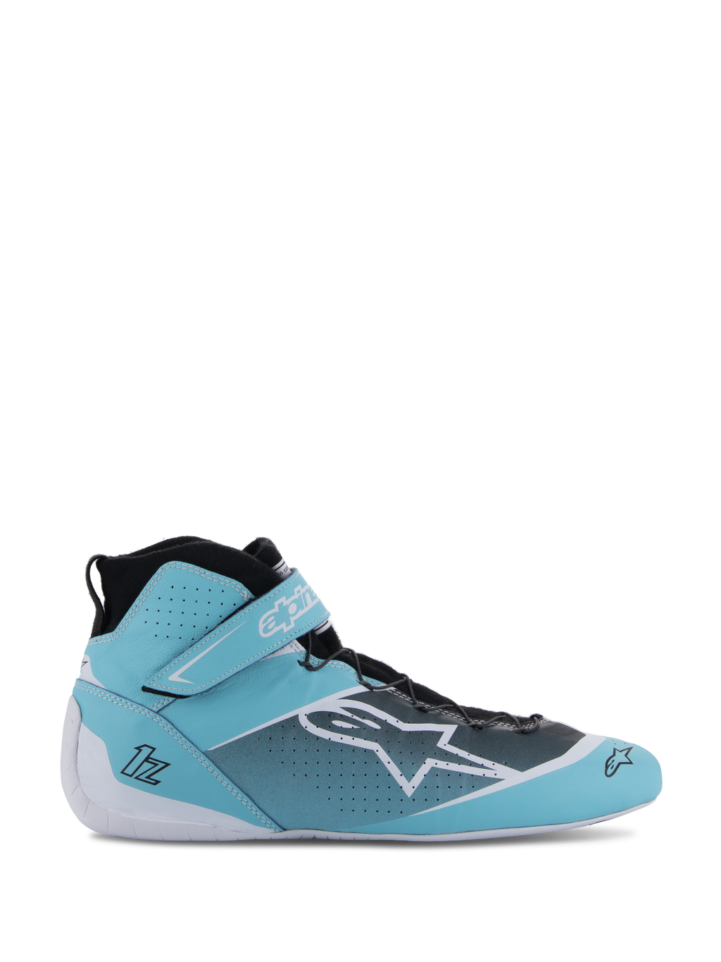 Alpinestars Tech-1 Z V3 Shoes FIA, scarpe professionali da corsa automobilistica, azzurro, bianco e nero, design a stivaletto con cinturino alla caviglia in velcro, tomaia in pelle bovina traforata, sistema di allacciatura rapida, vista laterale che mostra il logo a stella Alpinestars e costruzione certificata FIA