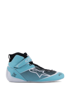 Alpinestars Tech-1 Z V3 Shoes FIA, scarpe professionali da corsa automobilistica, azzurro, bianco e nero, design a stivaletto con cinturino alla caviglia in velcro, tomaia in pelle bovina traforata, sistema di allacciatura rapida, vista laterale che mostra il logo a stella Alpinestars e costruzione certificata FIA
