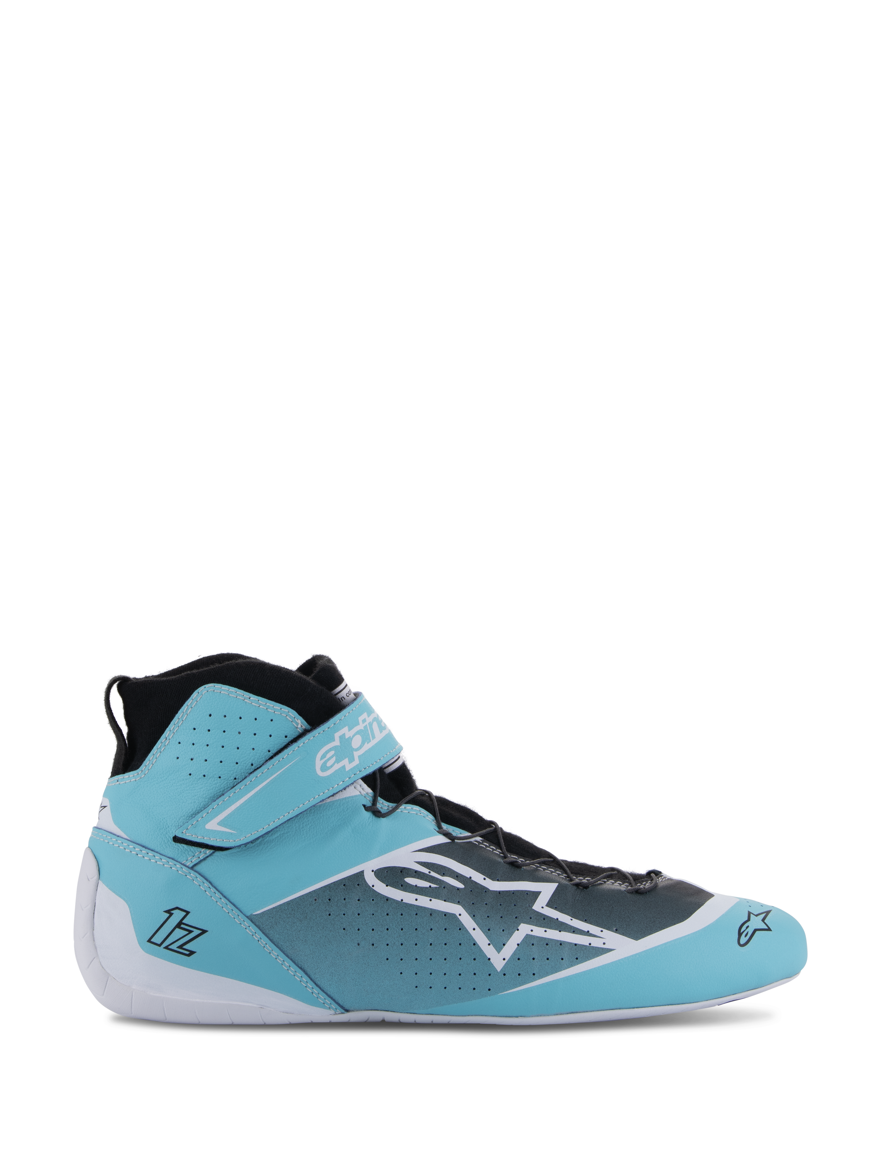 Alpinestars Tech-1 Z V3 Shoes FIA, scarpe professionali da corsa automobilistica, azzurro, bianco e nero, design a stivaletto con cinturino alla caviglia in velcro, tomaia in pelle bovina traforata, sistema di allacciatura rapida, vista laterale che mostra il logo a stella Alpinestars e costruzione certificata FIA