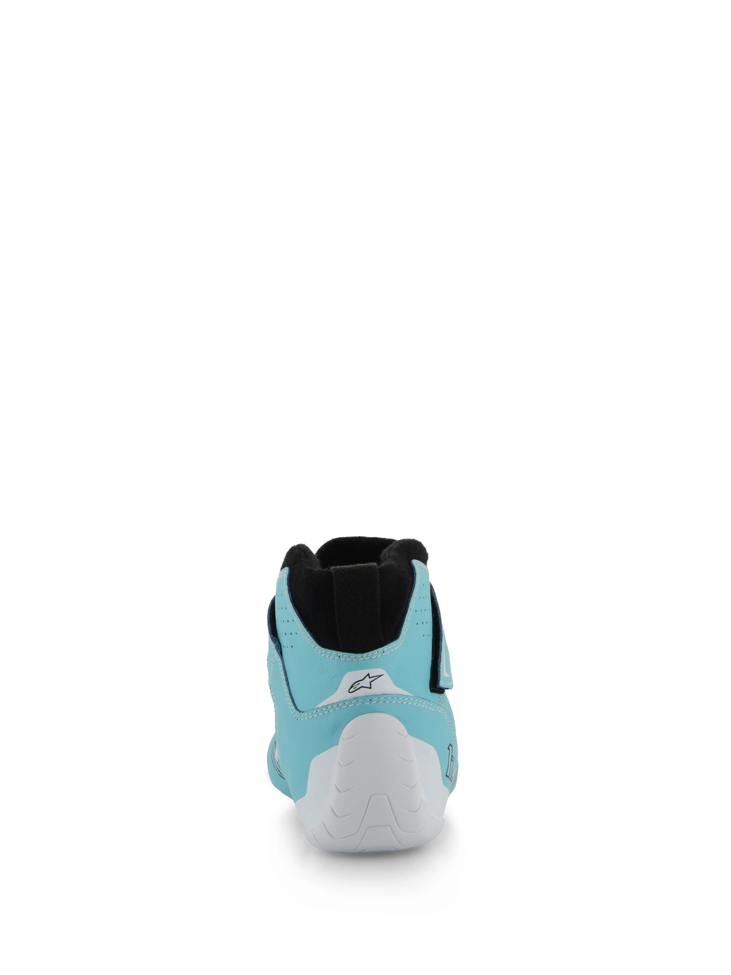 Alpinestars Tech-1 Z V3 Shoes FIA, scarpe da auto racing, teal chiaro, bianco e nero, vista posteriore che mostra la coppa del tallone termoformata bianca e il colletto elasticizzato in maglia nera, calzature professionali per motorsport