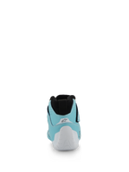 Alpinestars Tech-1 Z V3 Shoes FIA, scarpe da auto racing, teal chiaro, bianco e nero, vista posteriore che mostra la coppa del tallone termoformata bianca e il colletto elasticizzato in maglia nera, calzature professionali per motorsport