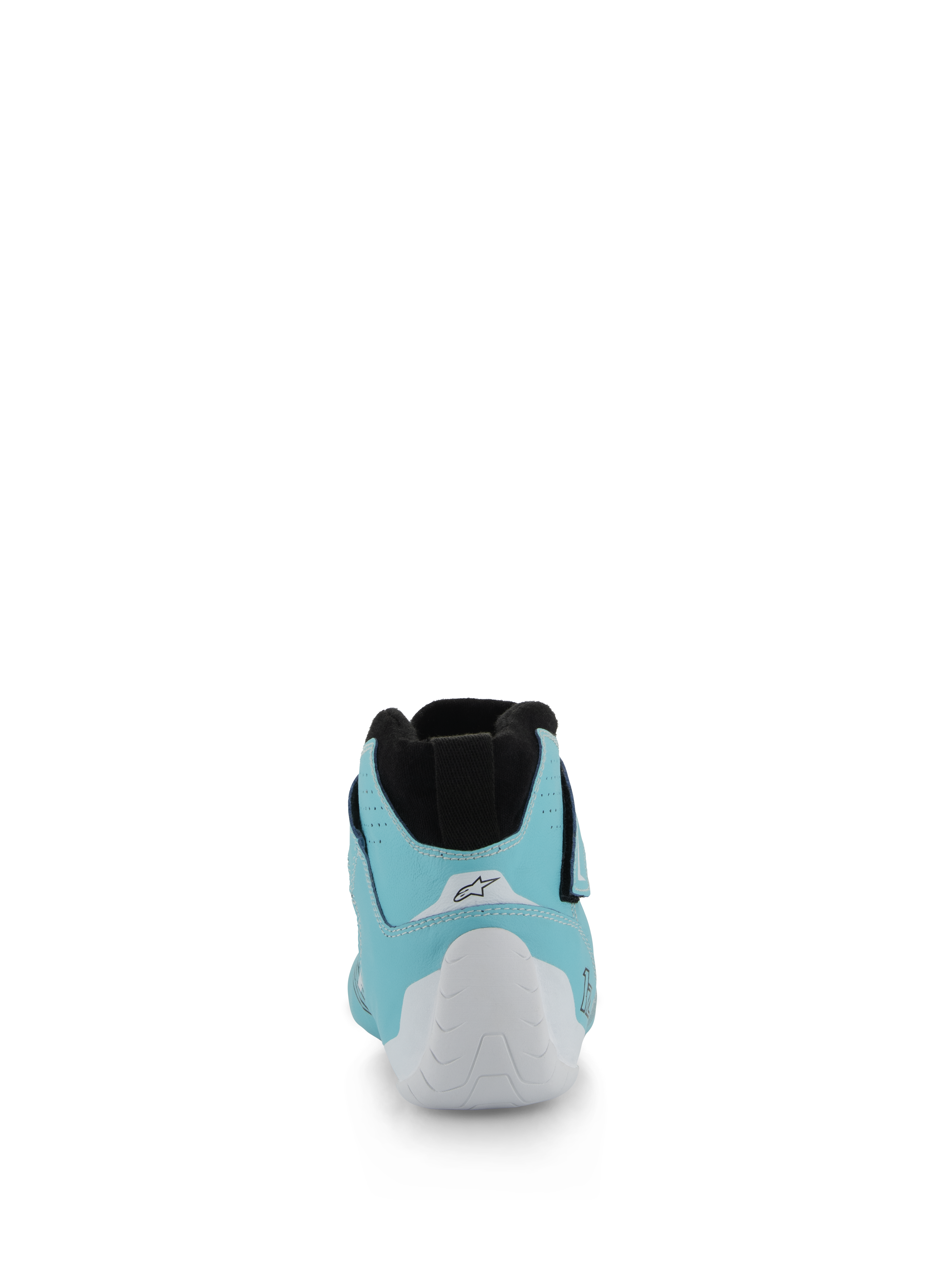 Alpinestars Tech-1 Z V3 Shoes FIA, scarpe da auto racing, teal chiaro, bianco e nero, vista posteriore che mostra la coppa del tallone termoformata bianca e il colletto elasticizzato in maglia nera, calzature professionali per motorsport