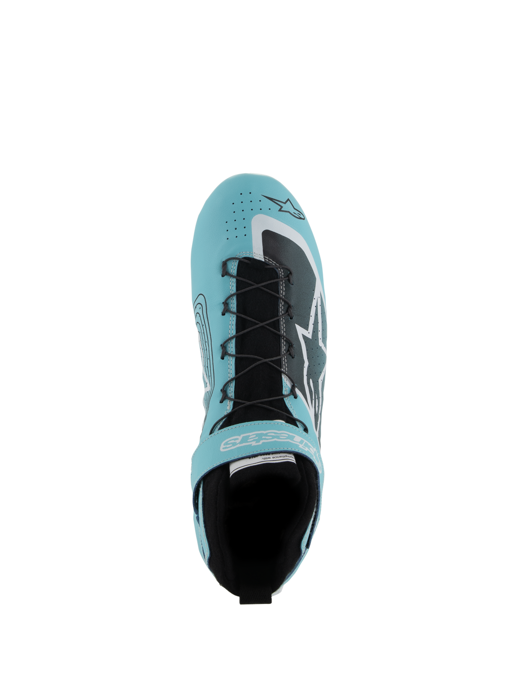 Alpinestars Tech-1 Z V3 Shoes FIA, calzature da auto racing, verde acqua chiaro, bianco e nero, vista dall'alto che mostra il sistema di allacciatura rapida, cinturino in velcro e tomaia in pelle traforata, progettate per prestazioni motoristiche professionali