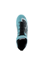 Alpinestars Tech-1 Z V3 Shoes FIA, calzature da auto racing, verde acqua chiaro, bianco e nero, vista dall'alto che mostra il sistema di allacciatura rapida, cinturino in velcro e tomaia in pelle traforata, progettate per prestazioni motoristiche professionali