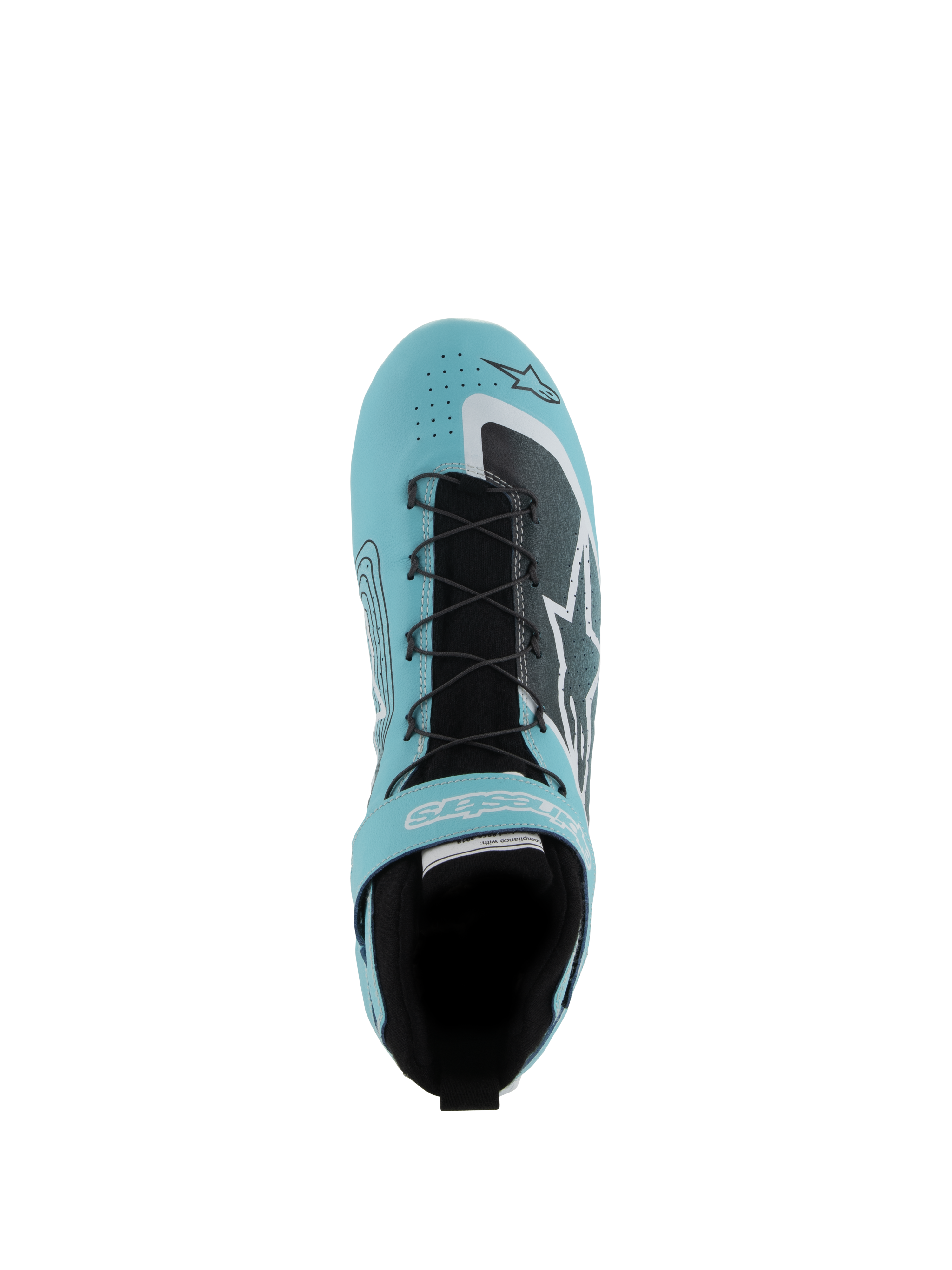 Alpinestars Tech-1 Z V3 Shoes FIA, calzature da auto racing, verde acqua chiaro, bianco e nero, vista dall'alto che mostra il sistema di allacciatura rapida, cinturino in velcro e tomaia in pelle traforata, progettate per prestazioni motoristiche professionali