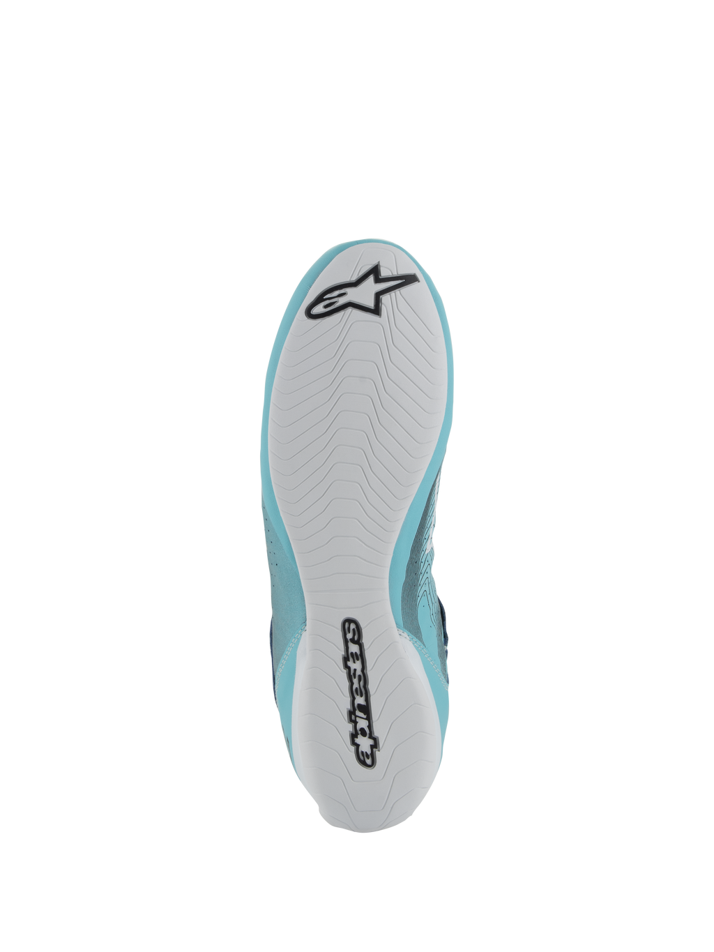 Scarpe Alpinestars Tech-1 Z V3 FIA, calzature per corse automobilistiche, verde acqua chiaro e bianco, vista della suola in gomma bianca con logo e scritta Alpinestars neri, battistrada asimmetrico per aderenza e sensibilità sui pedali.