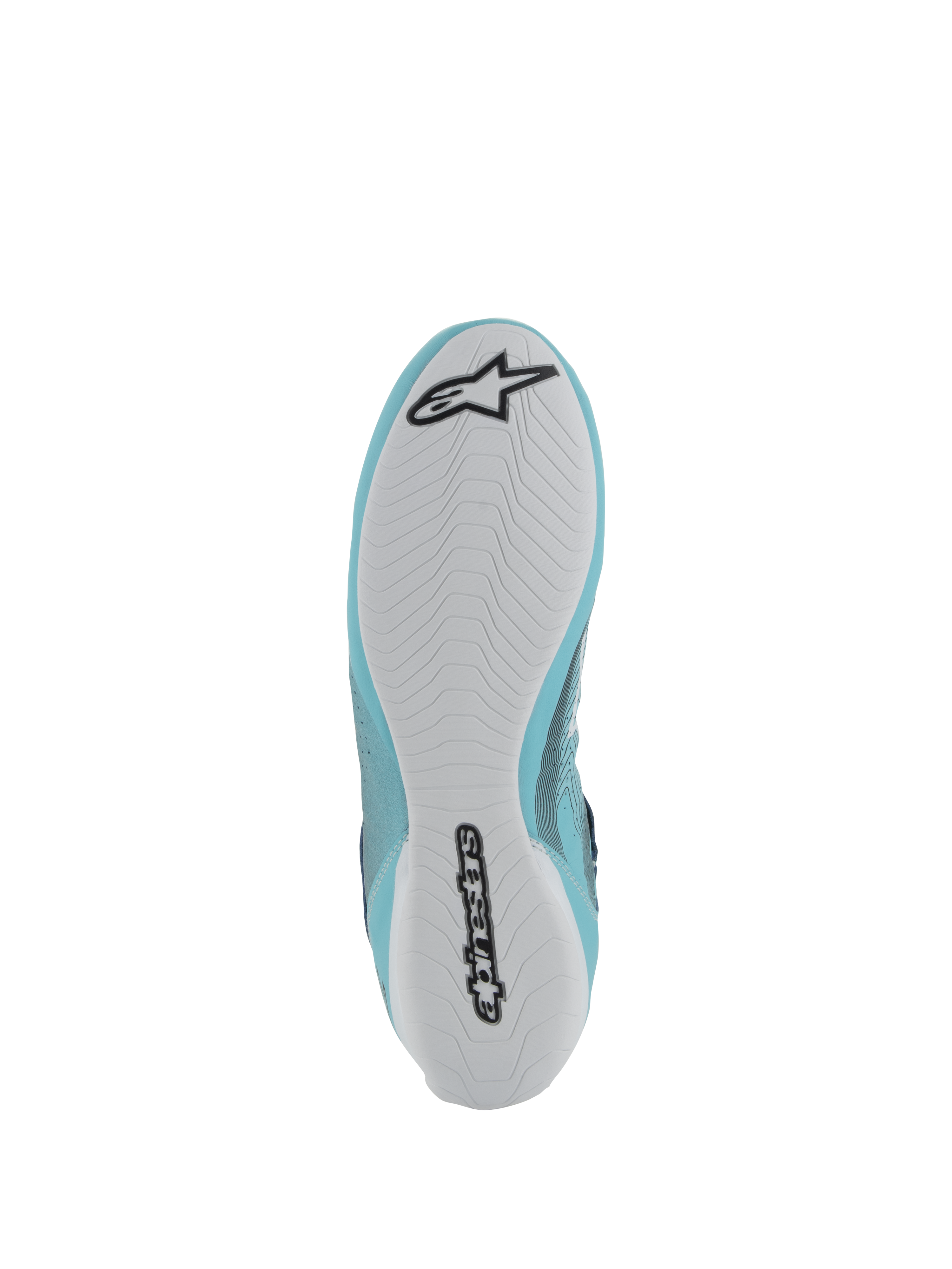 Scarpe Alpinestars Tech-1 Z V3 FIA, calzature per corse automobilistiche, verde acqua chiaro e bianco, vista della suola in gomma bianca con logo e scritta Alpinestars neri, battistrada asimmetrico per aderenza e sensibilità sui pedali.