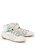 Scarpe Alpinestars Tech-1 Z V3 FIA, scarpe da corsa bianco, verde, gomma e argento, tomaia in pelle bovina traforata, sistema di allacciatura rapida con cinturino con logo verde, suola sottile in gomma per sensibilità sui pedali, calzature professionali per motorsport