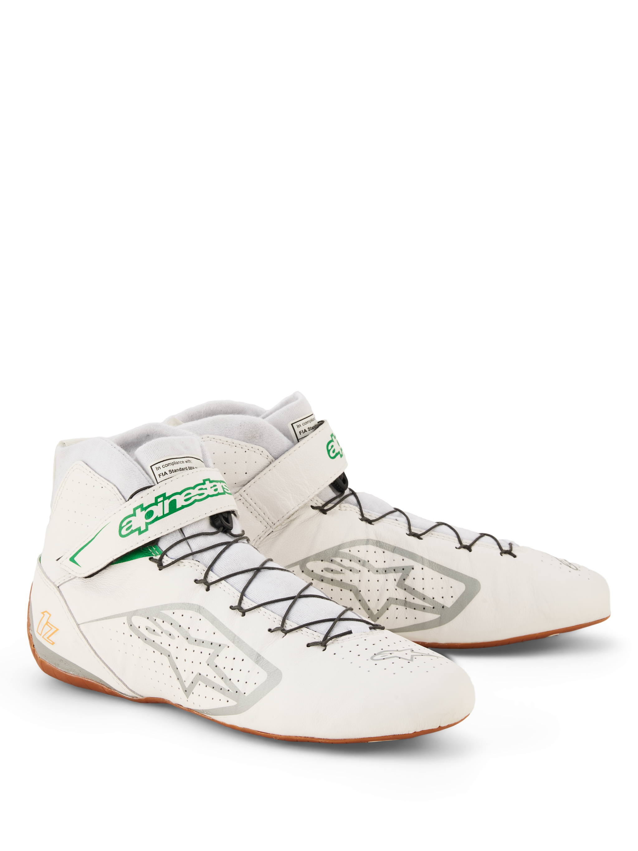 Scarpe Alpinestars Tech-1 Z V3 FIA, scarpe da corsa bianco, verde, gomma e argento, tomaia in pelle bovina traforata, sistema di allacciatura rapida con cinturino con logo verde, suola sottile in gomma per sensibilità sui pedali, calzature professionali per motorsport