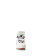 Alpinestars Tech-1 Z V3 Shoes FIA, scarpe da corsa e karting, bianco verde gomma argento, vista frontale con logo Alpinestars verde sul cinturino alla caviglia, sistema di allacciatura rapida nero e suola in gomma naturale, calzature professionali per motorsport