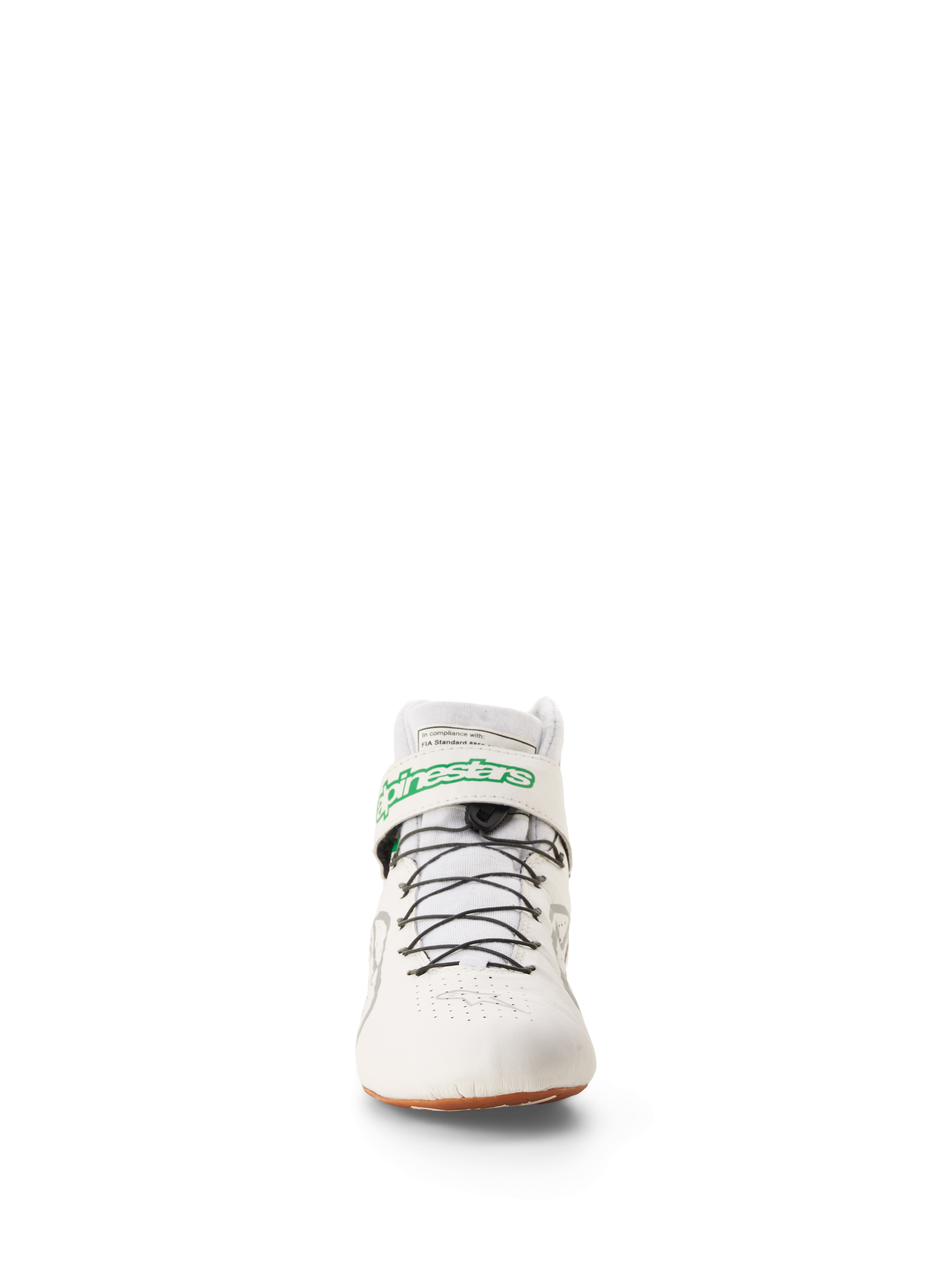 Alpinestars Tech-1 Z V3 Shoes FIA, scarpe da corsa e karting, bianco verde gomma argento, vista frontale con logo Alpinestars verde sul cinturino alla caviglia, sistema di allacciatura rapida nero e suola in gomma naturale, calzature professionali per motorsport