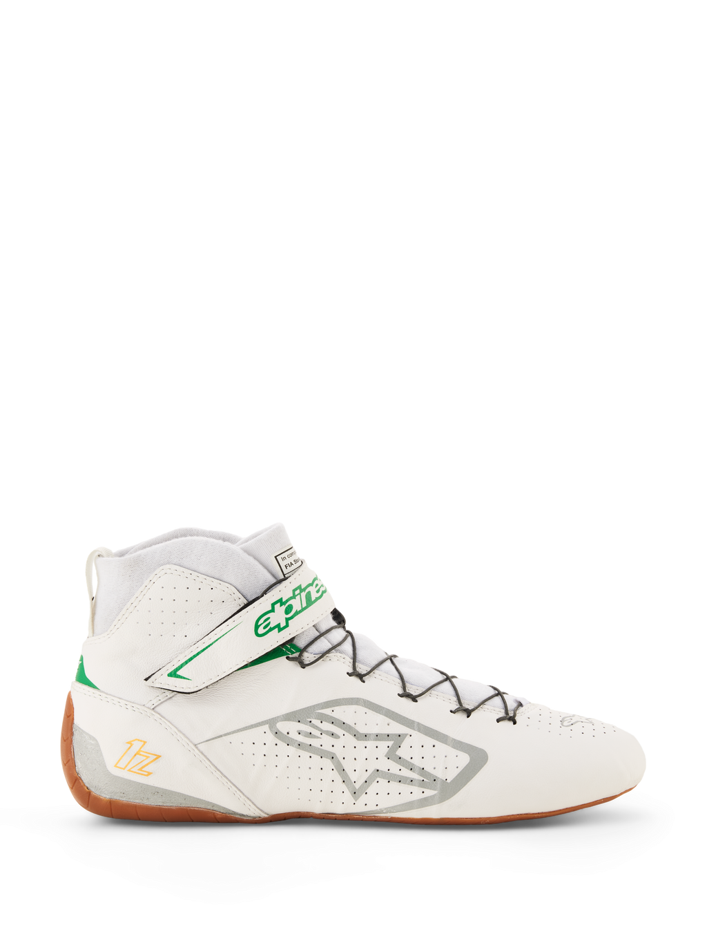 Alpinestars Tech-1 Z V3 Shoes FIA, scarpe da karting e automobilismo, bianco con dettagli verdi e para, vista laterale con logo Alpinestars argento, tomaia in pelle traforata, silhouette alta con sistema di allacciatura rapida, design professionale da motorsport