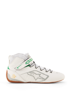 Alpinestars Tech-1 Z V3 Shoes FIA, scarpe da karting e automobilismo, bianco con dettagli verdi e para, vista laterale con logo Alpinestars argento, tomaia in pelle traforata, silhouette alta con sistema di allacciatura rapida, design professionale da motorsport
