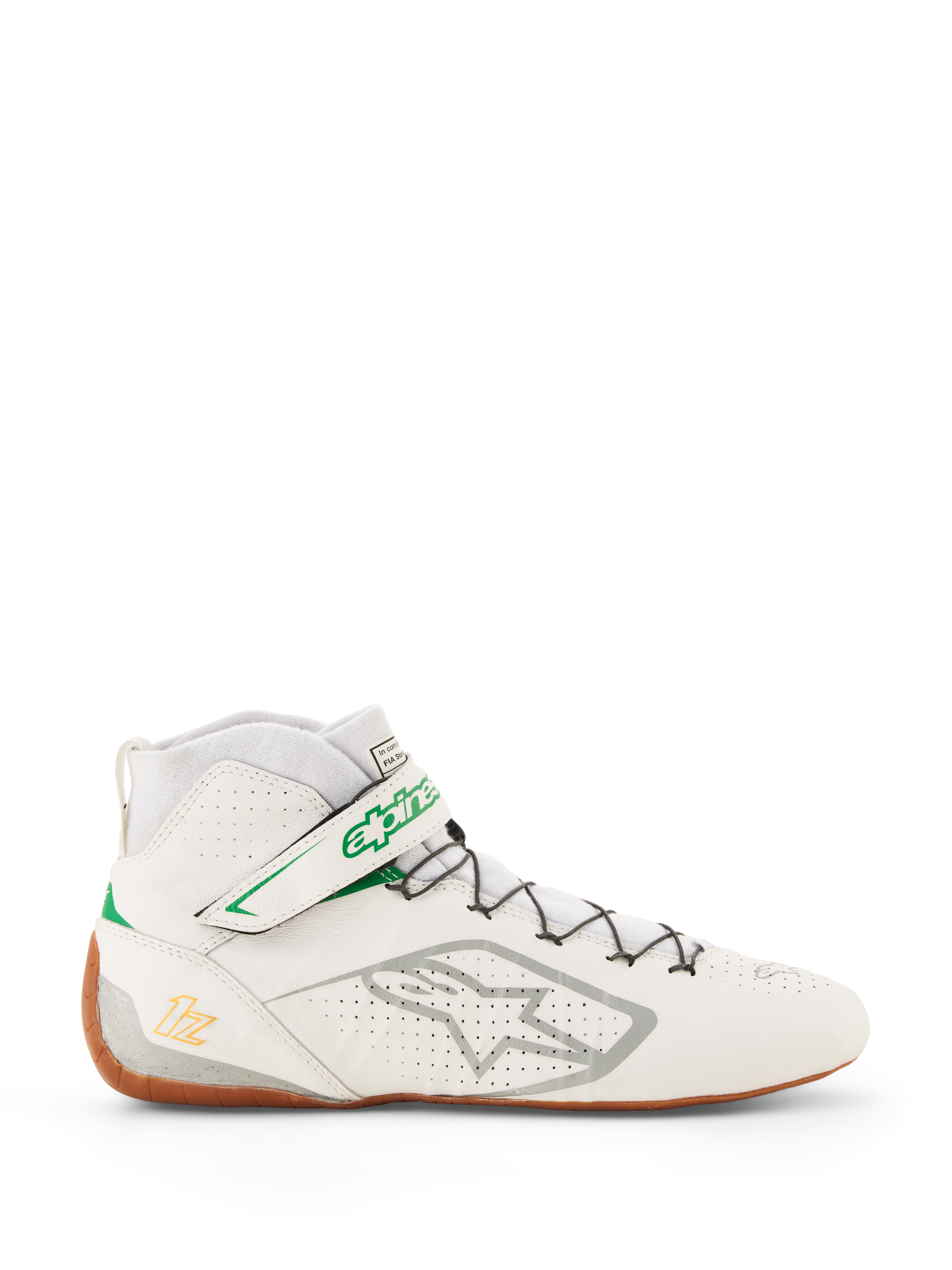 Alpinestars Tech-1 Z V3 Shoes FIA, scarpe da karting e automobilismo, bianco con dettagli verdi e para, vista laterale con logo Alpinestars argento, tomaia in pelle traforata, silhouette alta con sistema di allacciatura rapida, design professionale da motorsport
